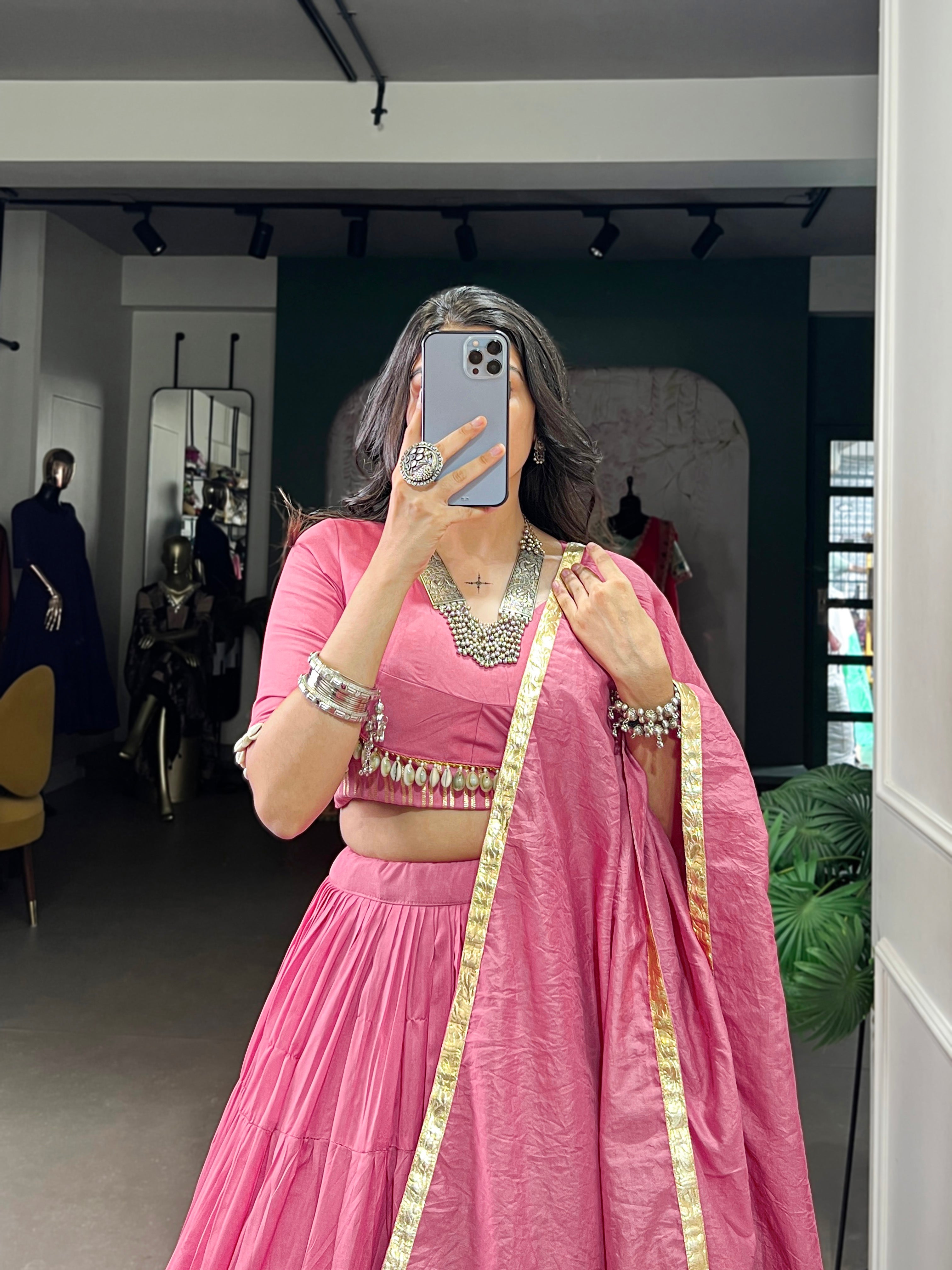 PINK CHANDERI LEHENGA CHOLI WITH DUPATTA