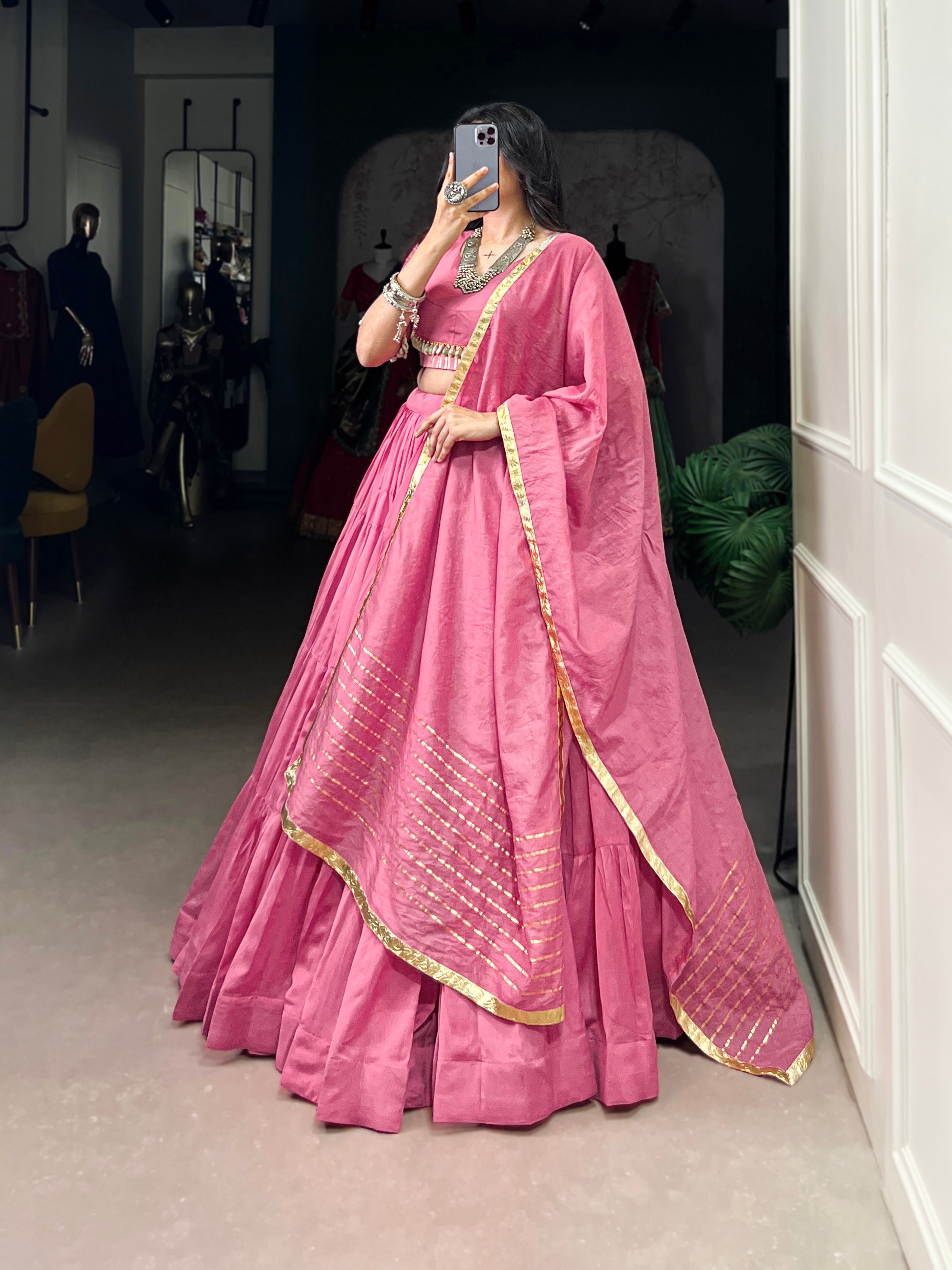 PINK CHANDERI LEHENGA CHOLI WITH DUPATTA
