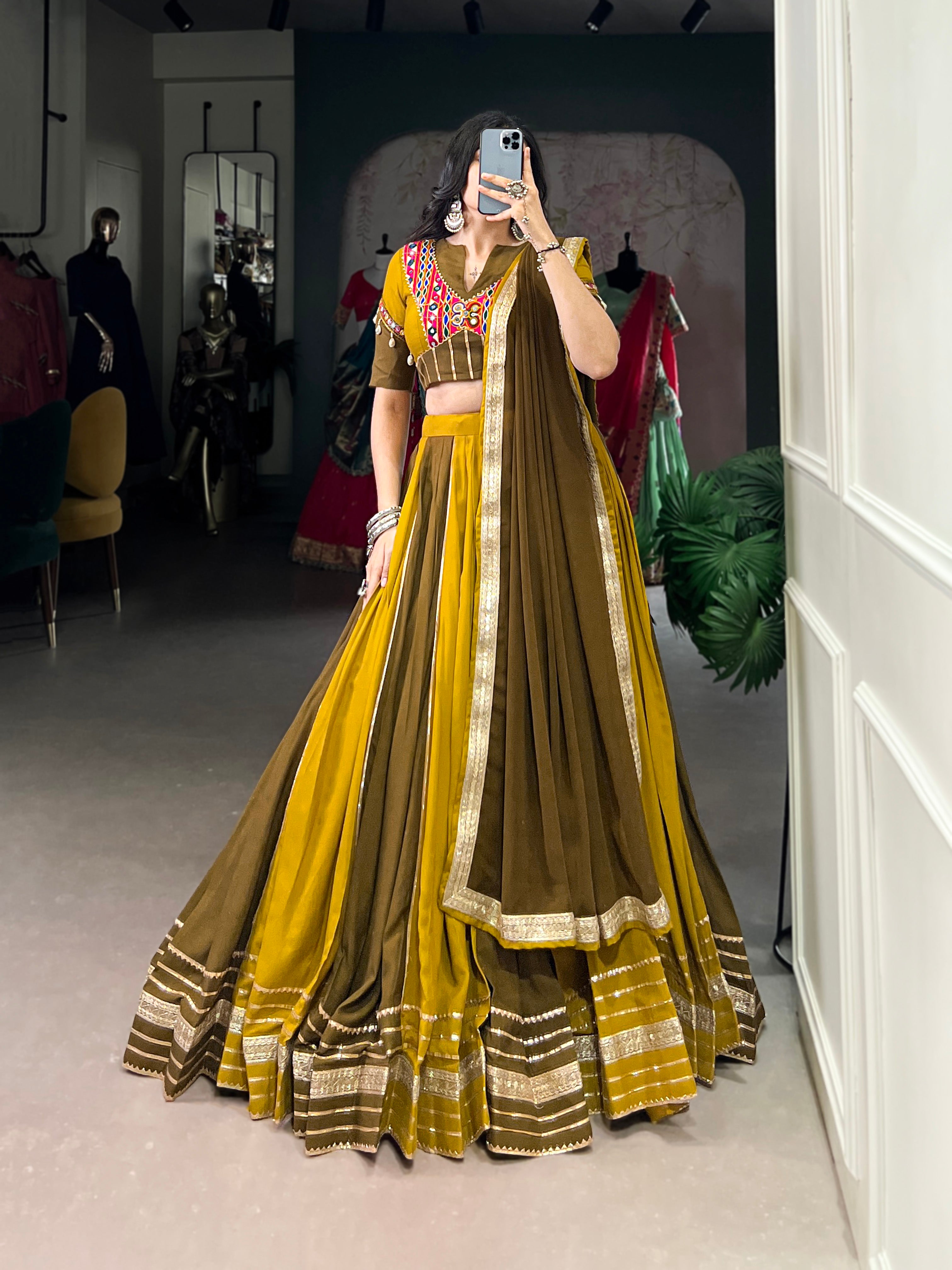 PURE RAYON MUSTARD YELLOW & MEHENDI GREEN NAVRATRI LEHENGA