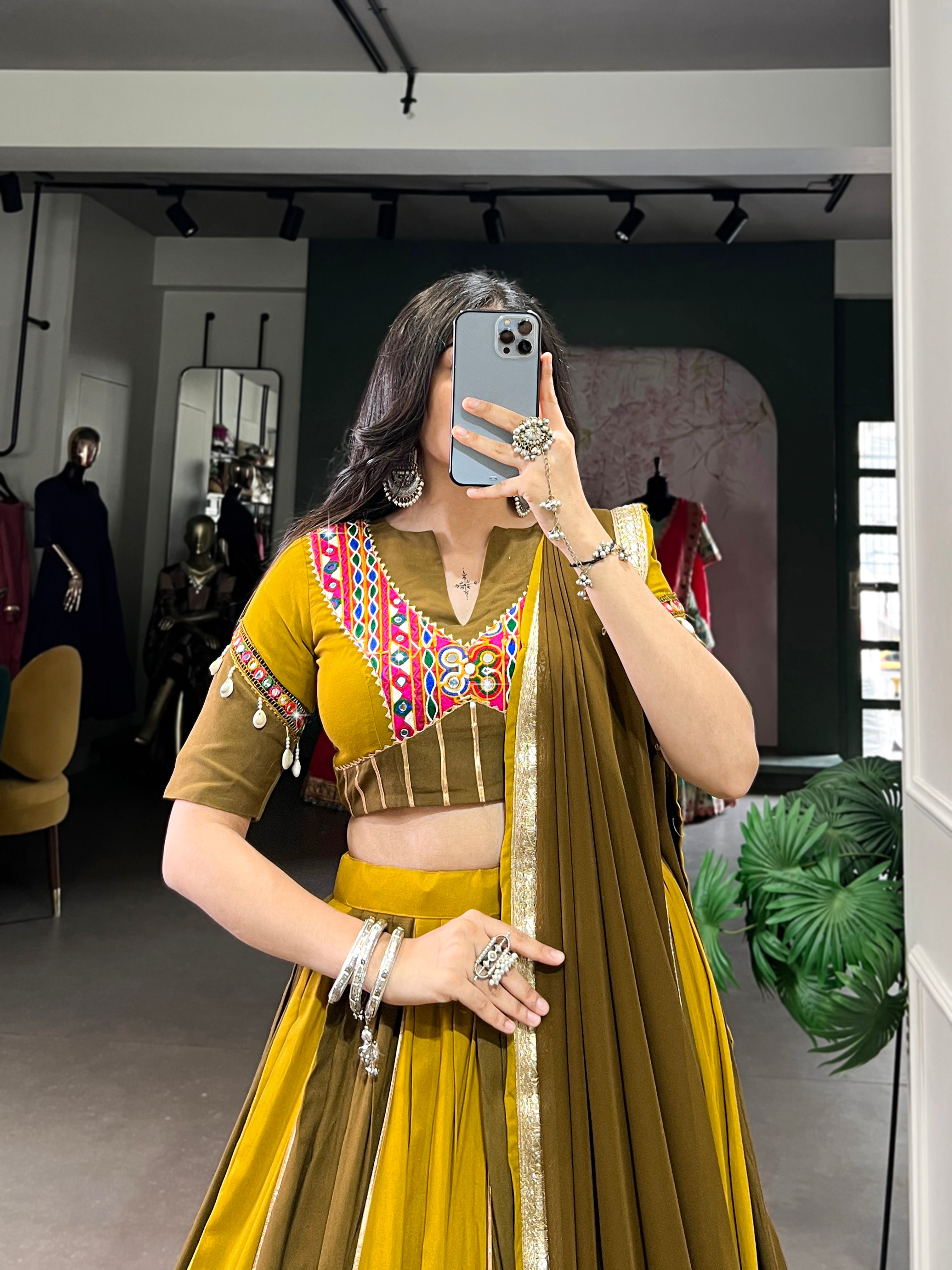 PURE RAYON MUSTARD YELLOW & MEHENDI GREEN NAVRATRI LEHENGA