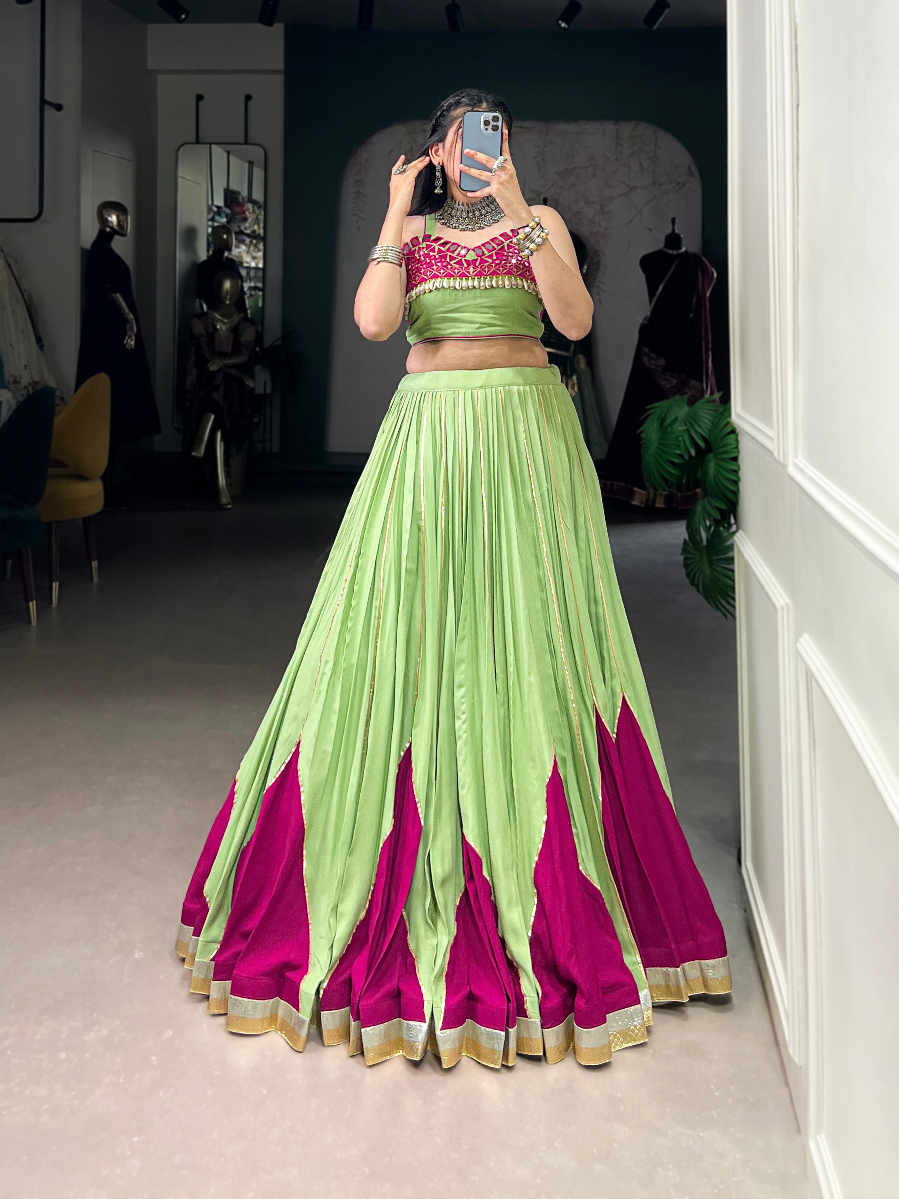 PARROT GREEN & MAGENTA PINK DESIGNER NAVRATRI LEHENGA