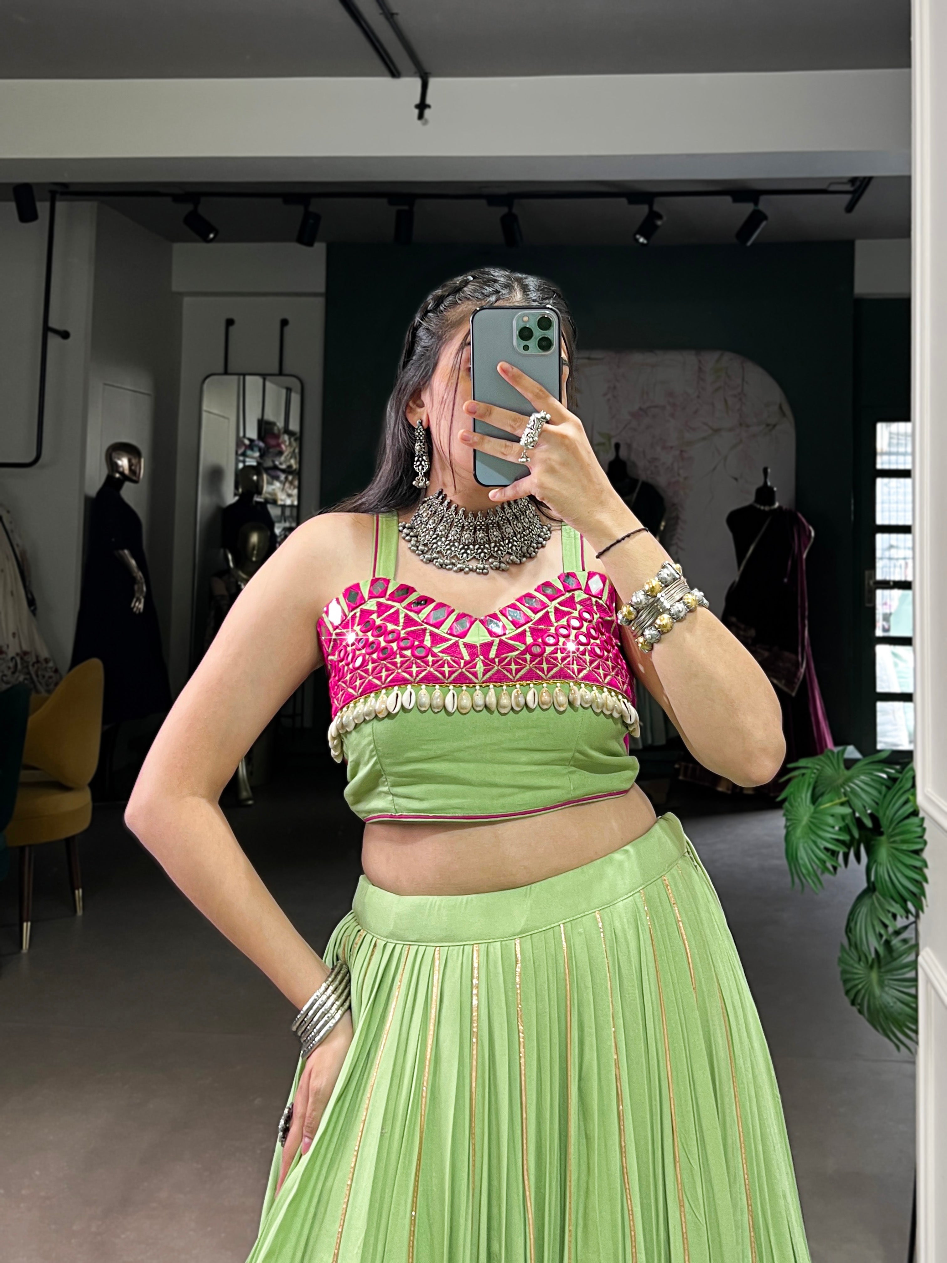 PARROT GREEN & MAGENTA PINK DESIGNER NAVRATRI LEHENGA