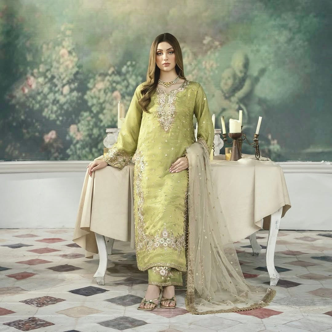 Pastel Green Designer Jimmy Choo Embroidered Palaza Set