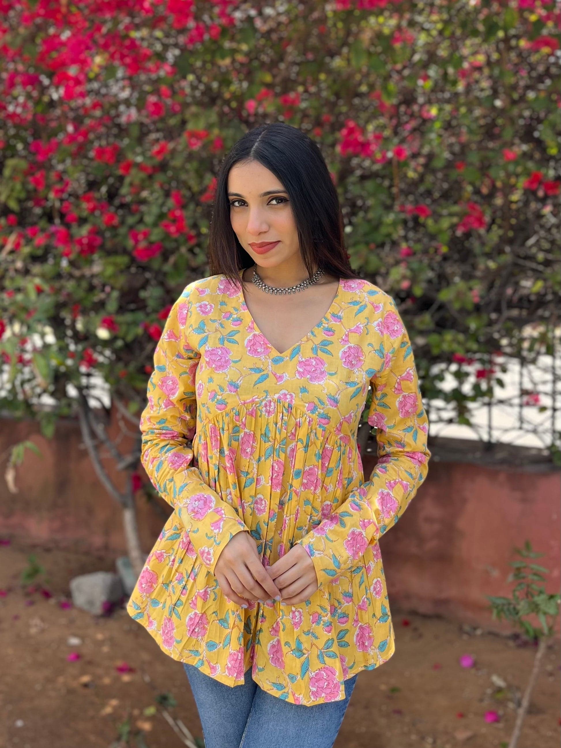 Yellow Floral Flare Cotton Top