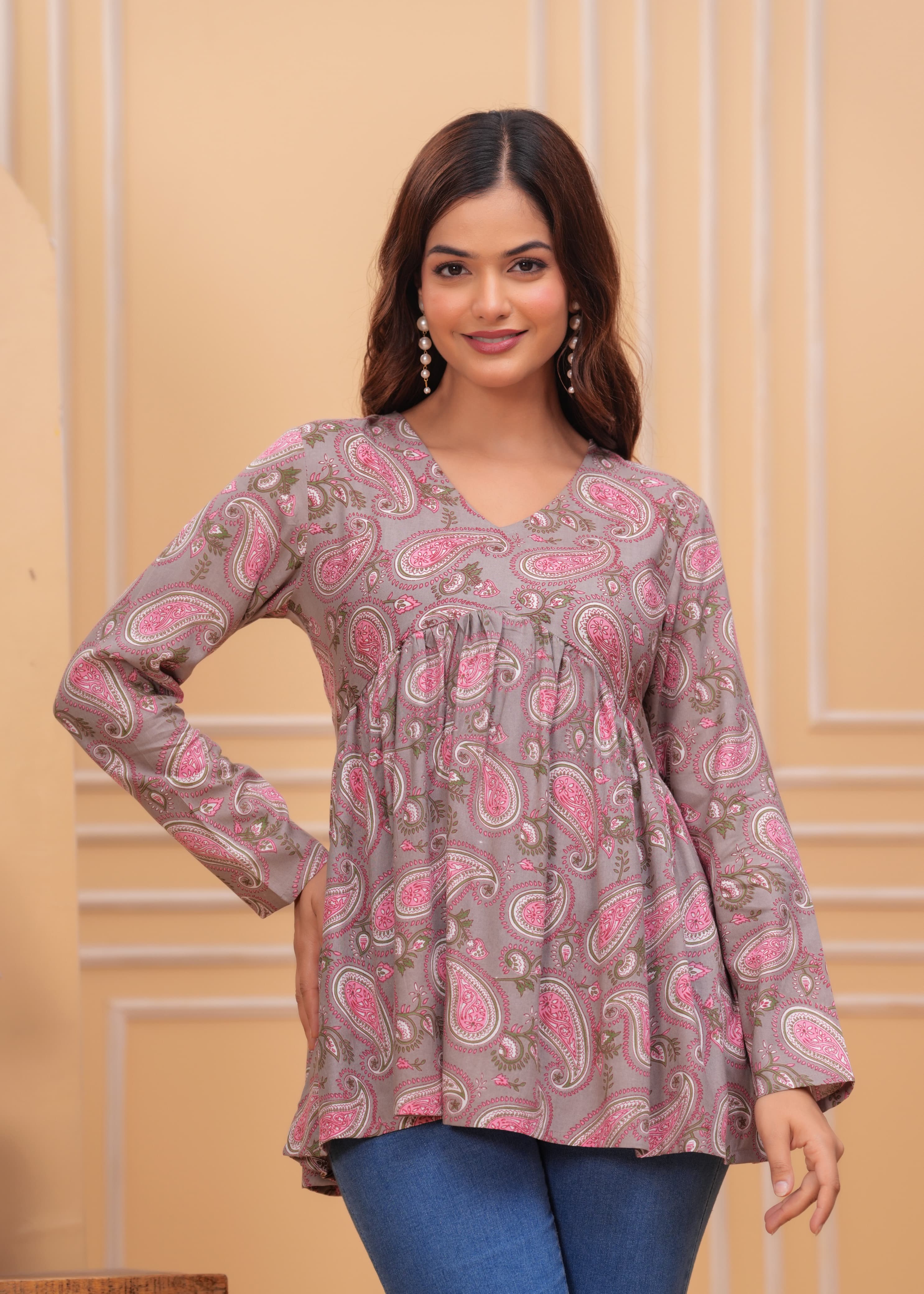 Grey Printed Floral Flare Cotton Top