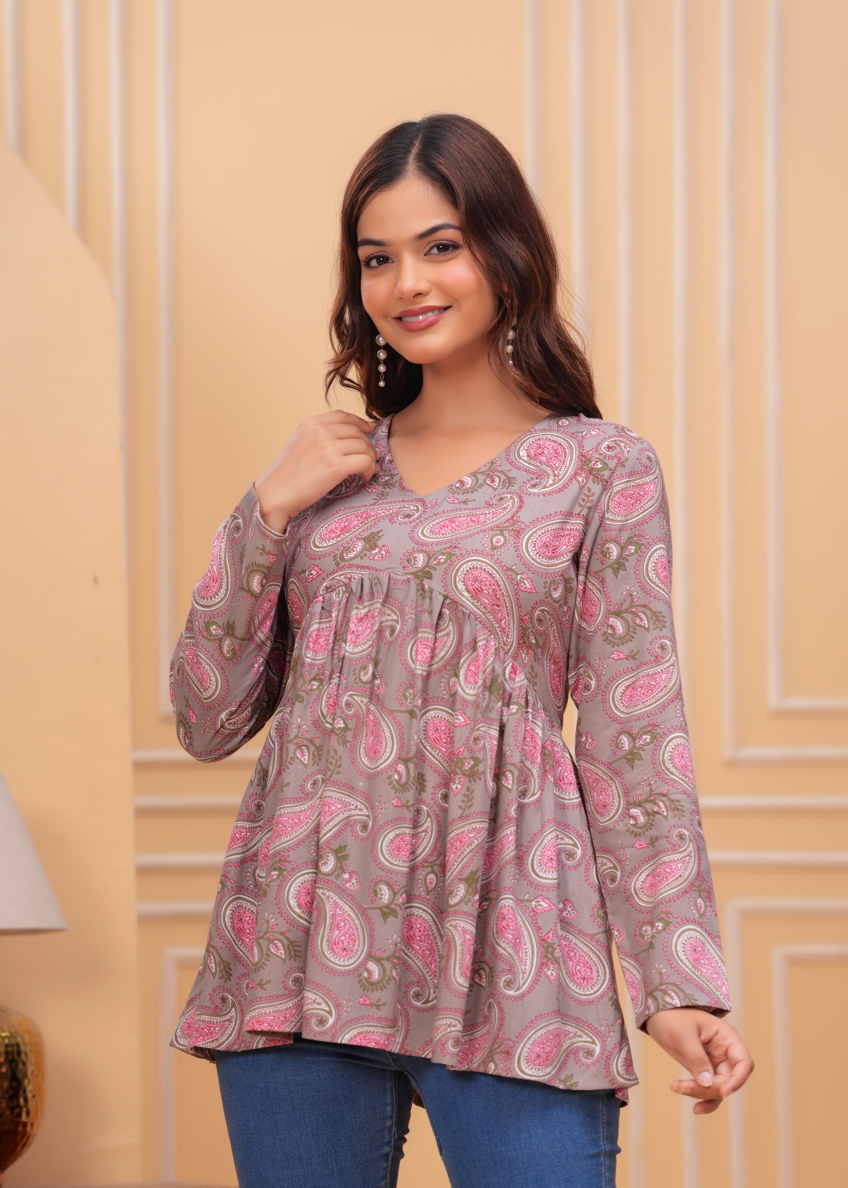 Grey Printed Floral Flare Cotton Top