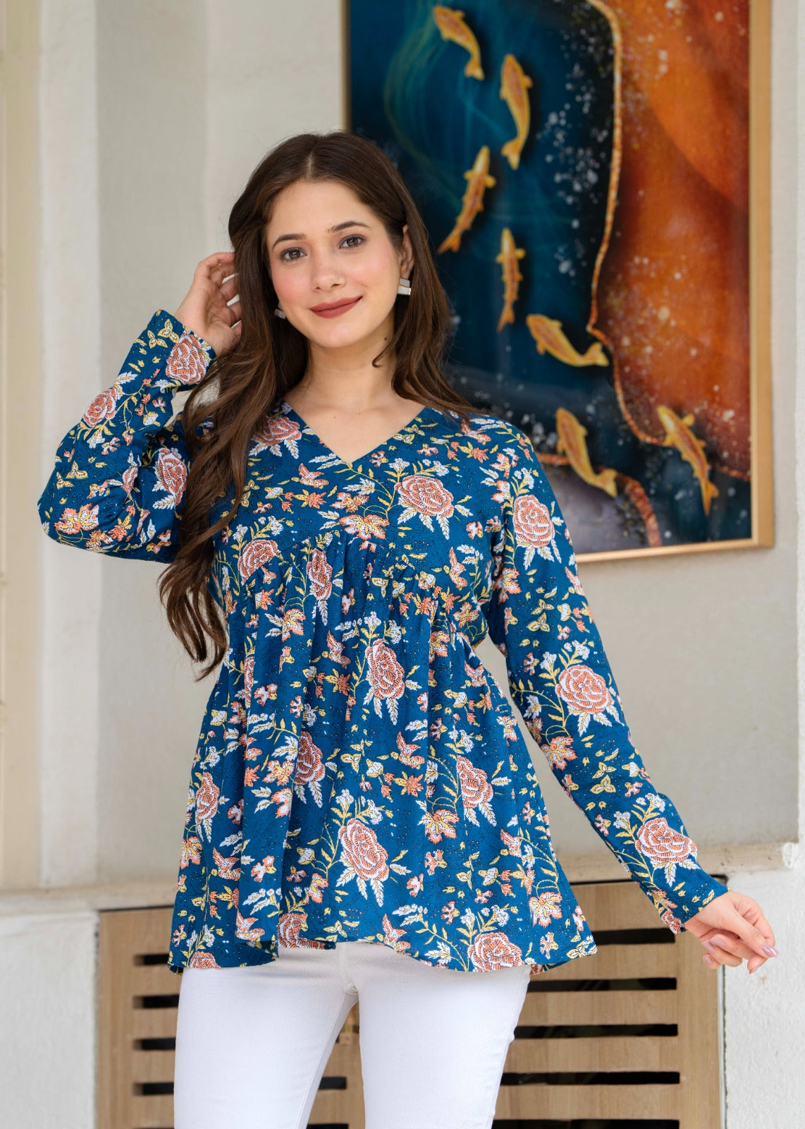 Royal Blue Floral Flare Cotton Top