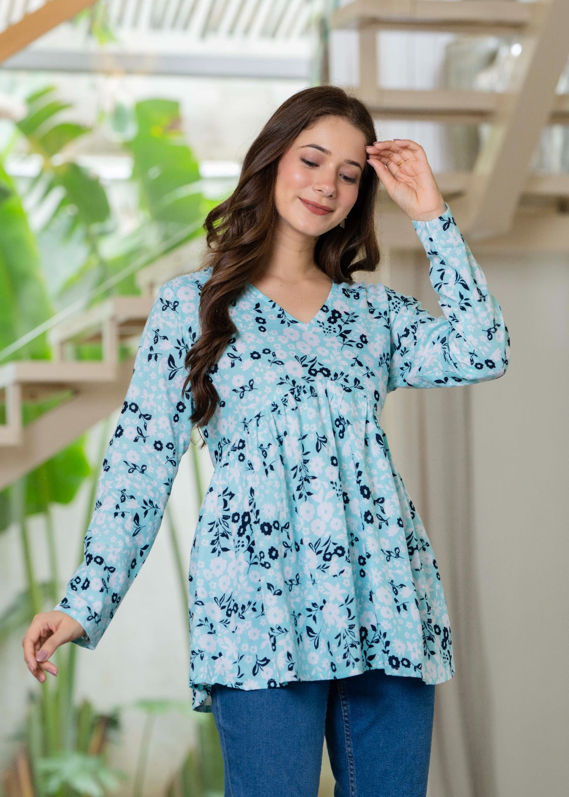 Ice Blue Floral Flare Cotton Top