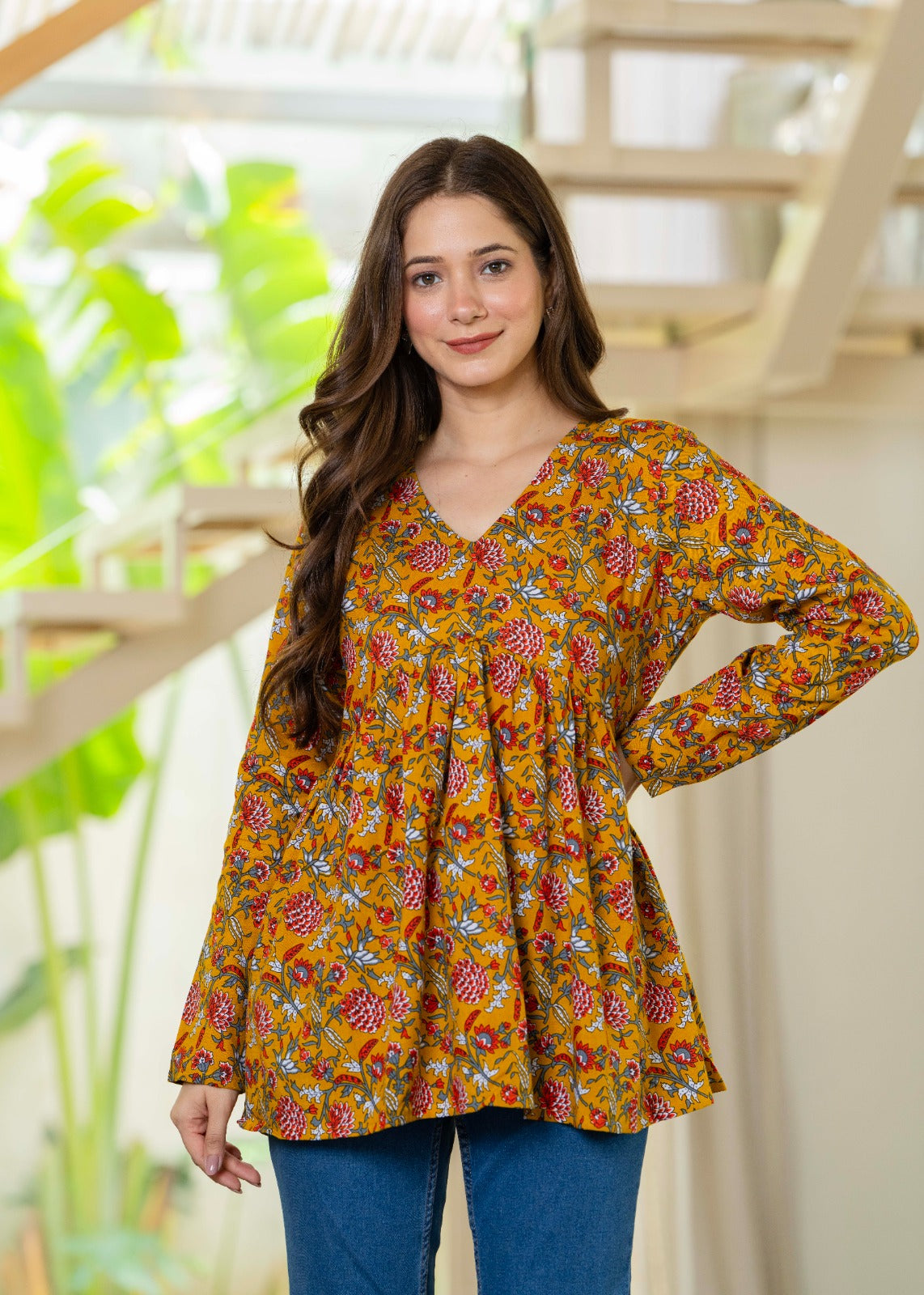 Mustard Yellow Floral Flare Cotton Top