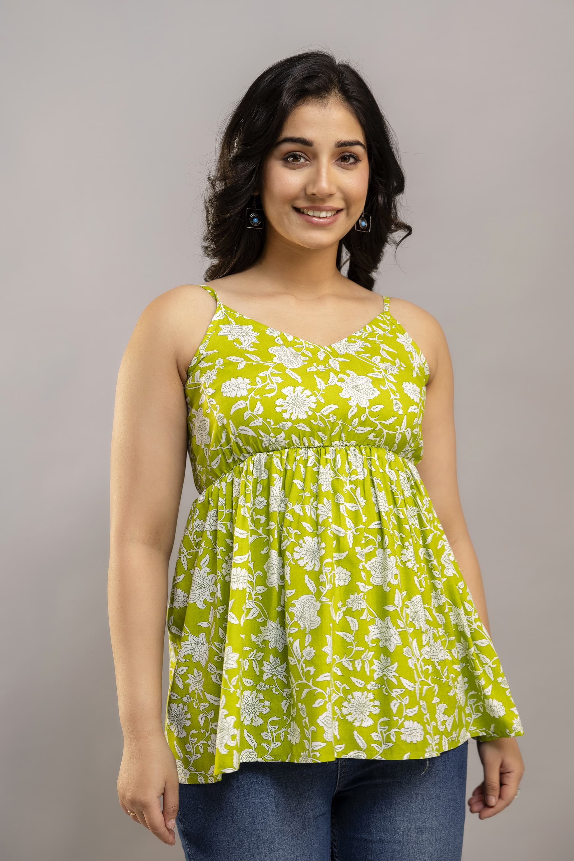 Green Casual Floral Flare Cotton Top