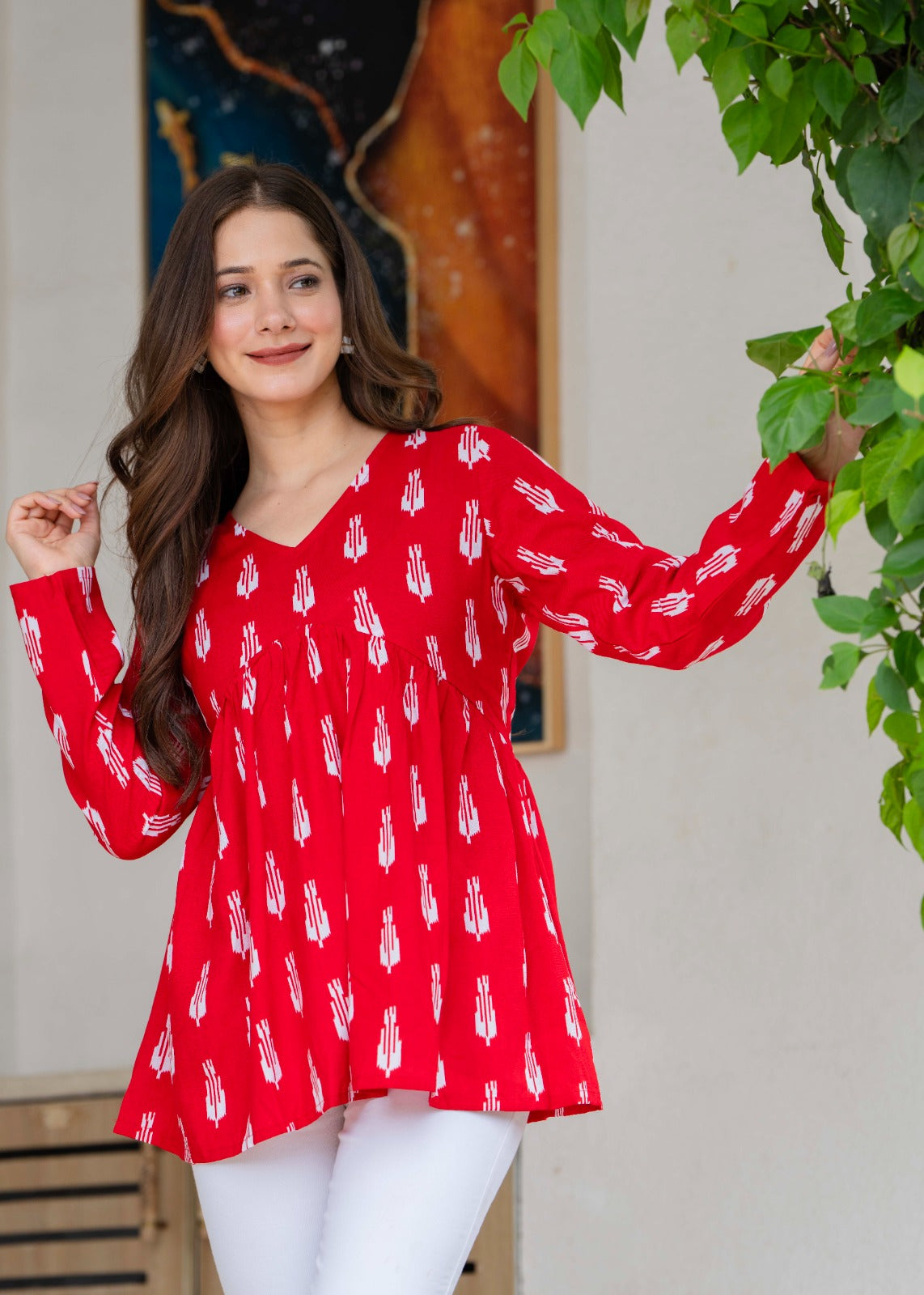 Red Print Flare Cotton Top