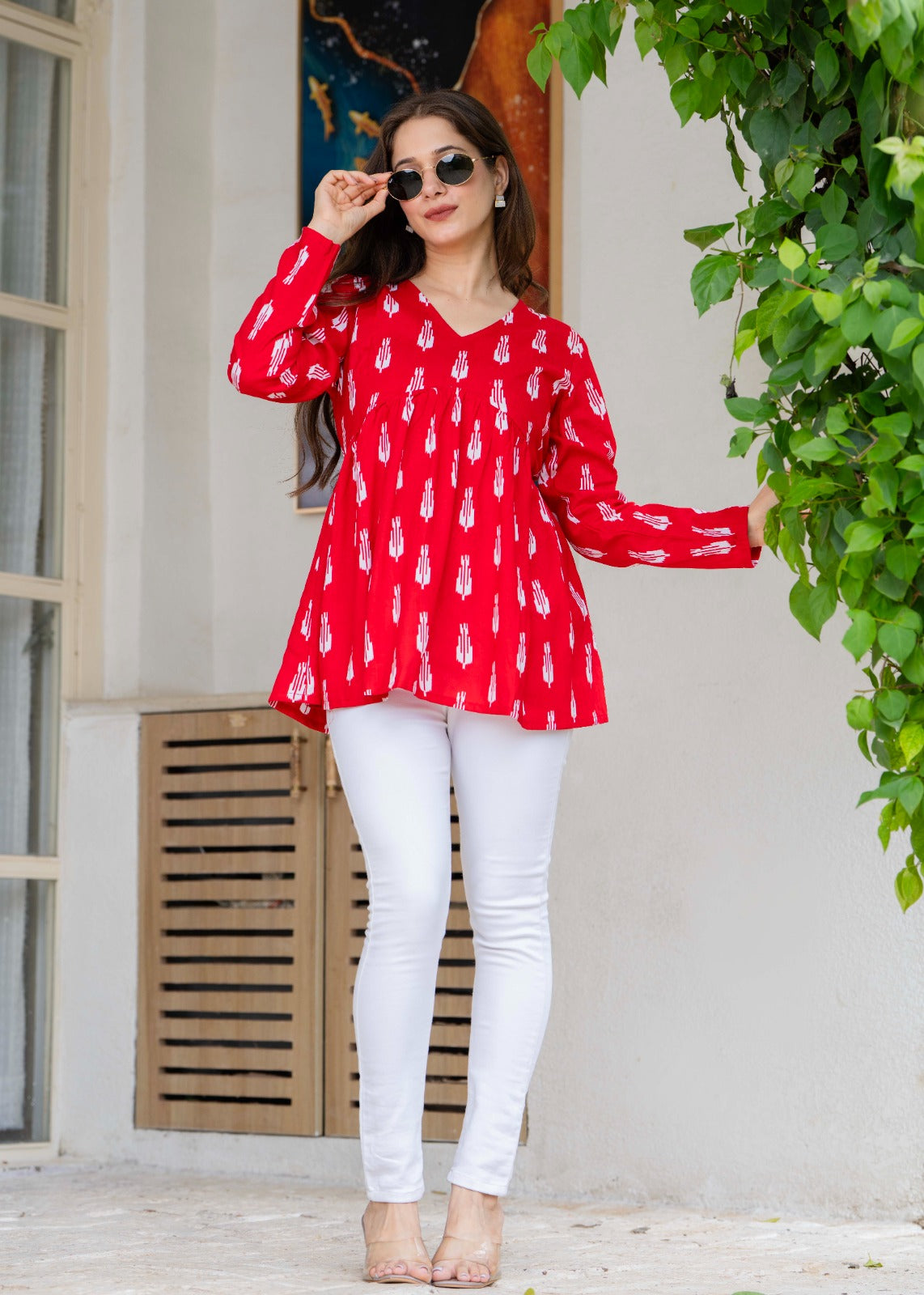 Red Print Flare Cotton Top