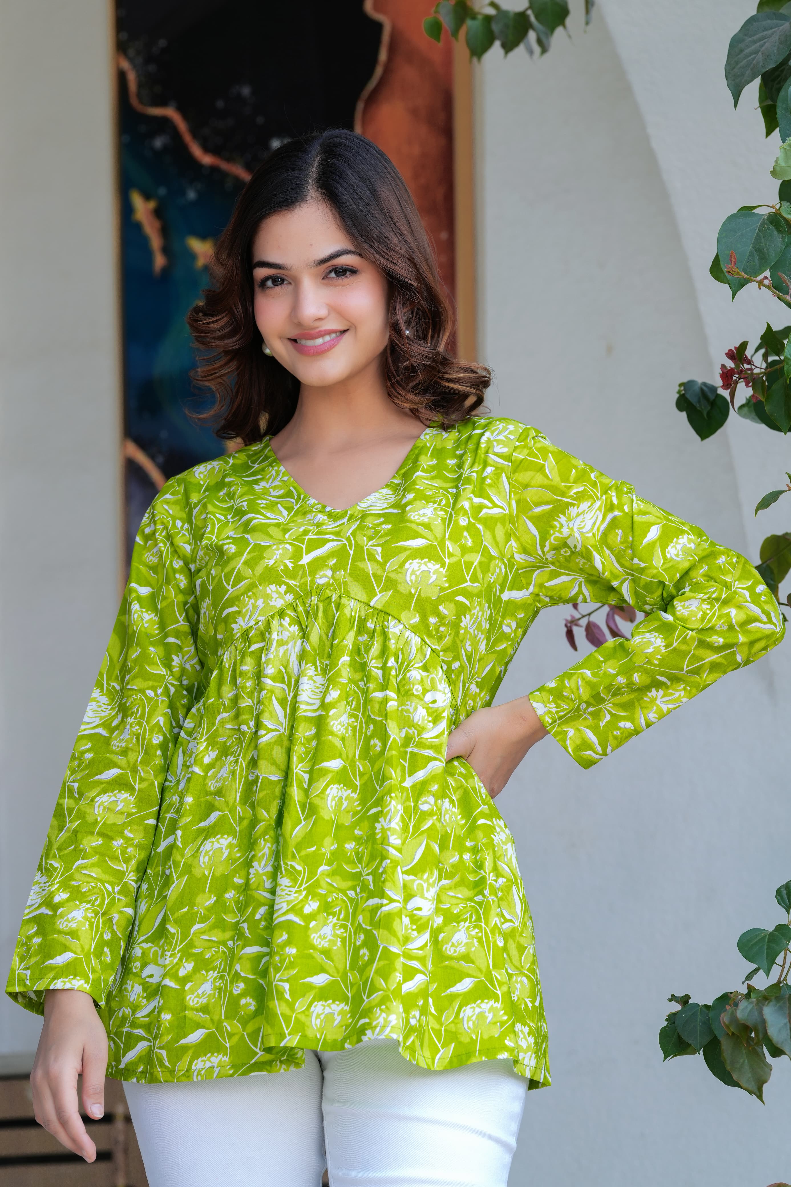 Lime Green Floral Flare Cotton Top