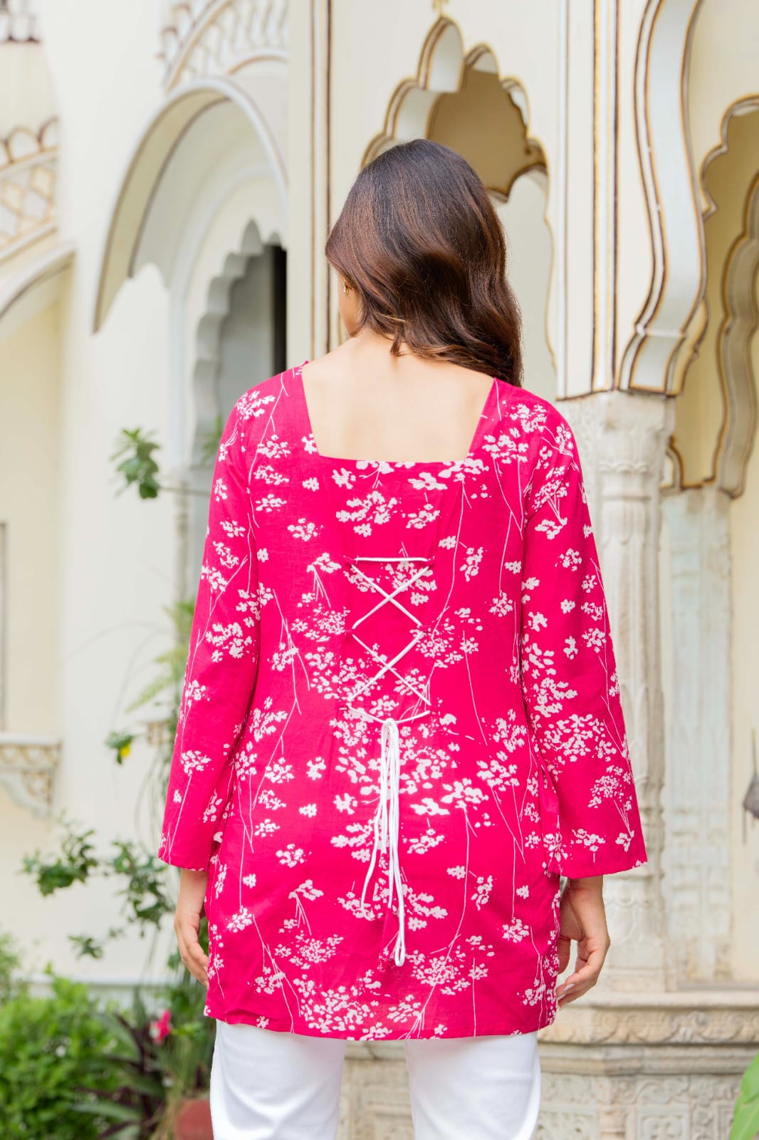 Fuchsia Pink Printed Bell Sleeve Lace-up Back Top