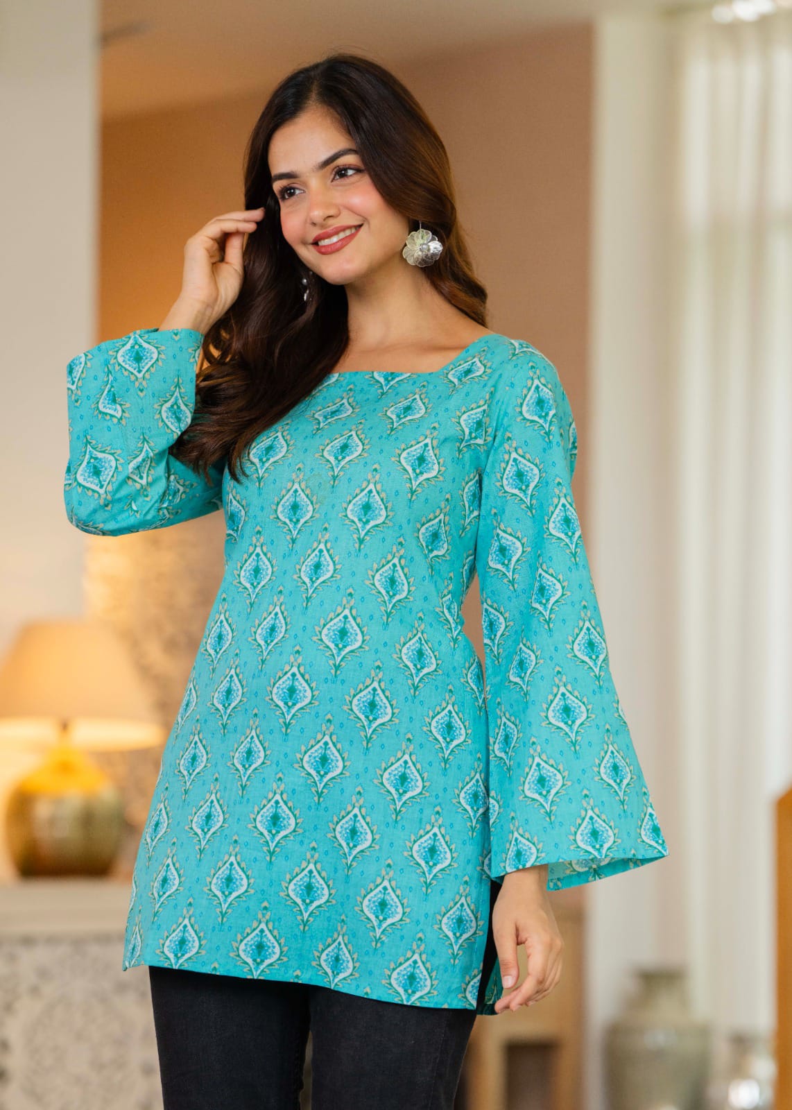 Turquoise Blue Printed Bell Sleeve Lace-up Back Top
