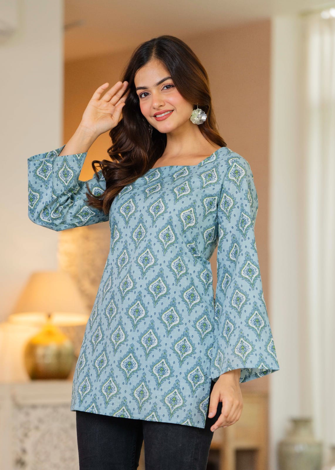 Dusty Blue Printed Bell Sleeve Lace-up Back Top