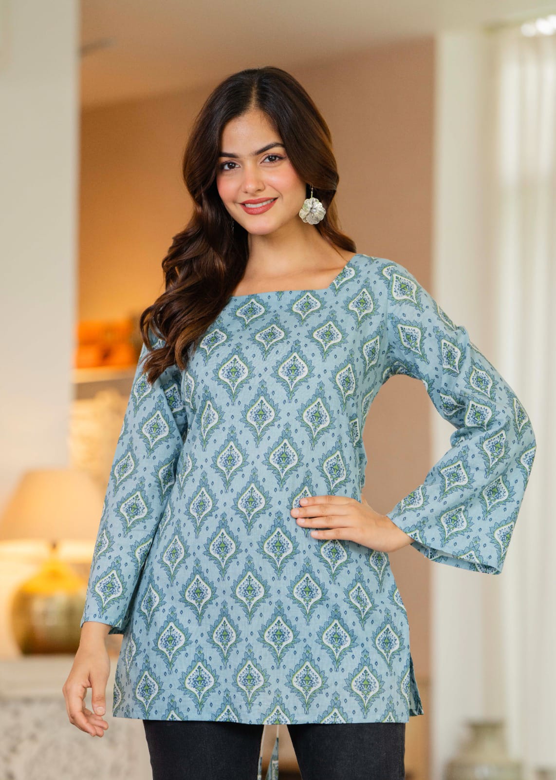 Dusty Blue Printed Bell Sleeve Lace-up Back Top