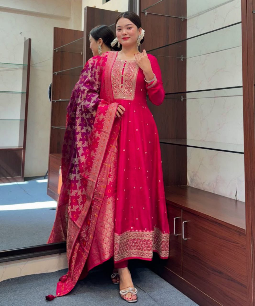 DEEP PINK ANARKALI FLARED KURTA SET
