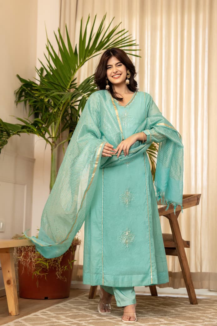 Aqua Green Lavender Mul Chanderi Embroidered Suit Set