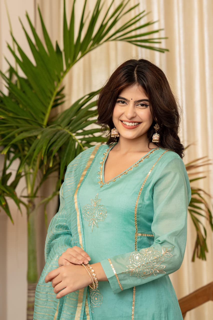 Aqua Green Lavender Mul Chanderi Embroidered Suit Set
