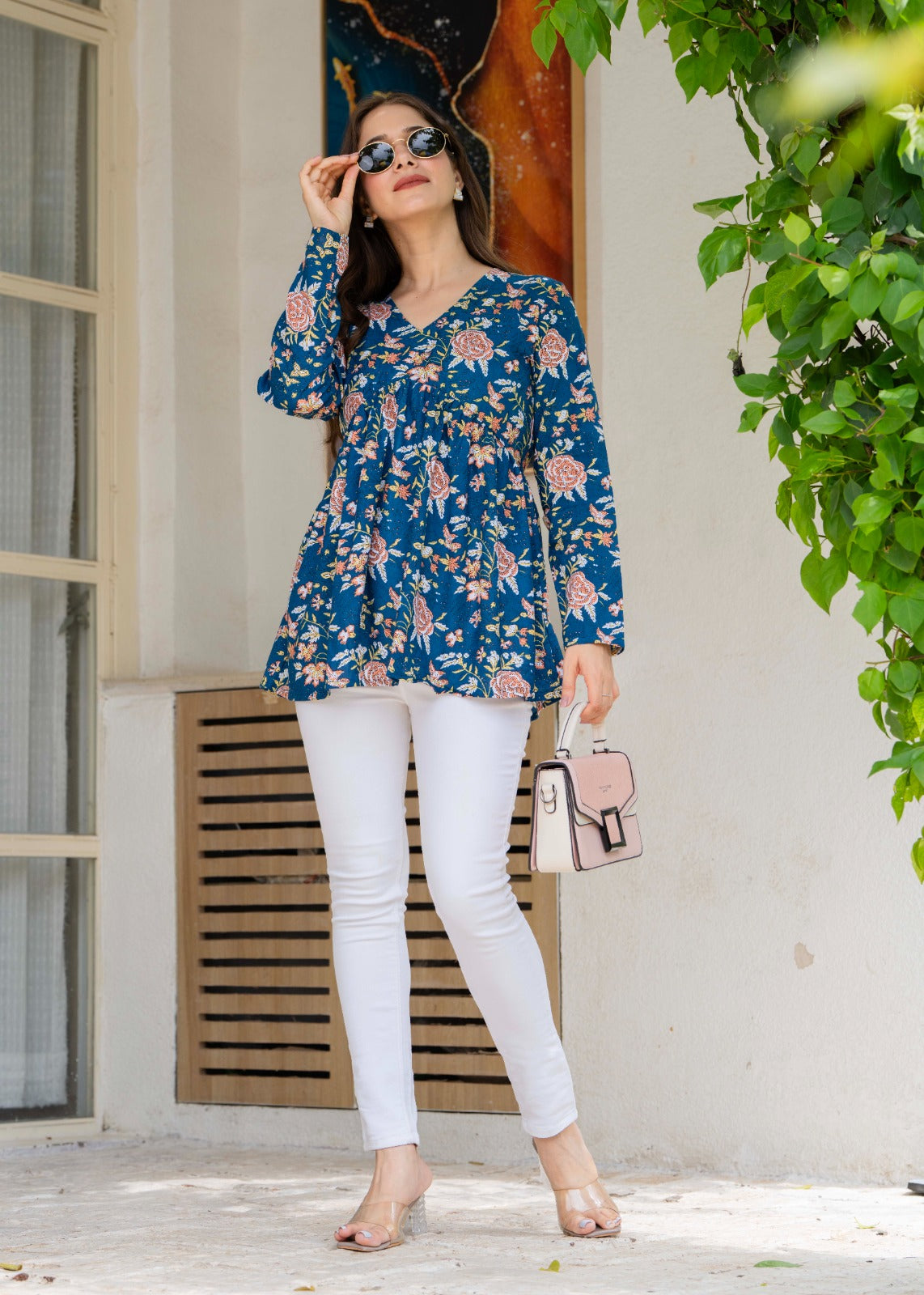 Royal Blue Floral Flare Cotton Top