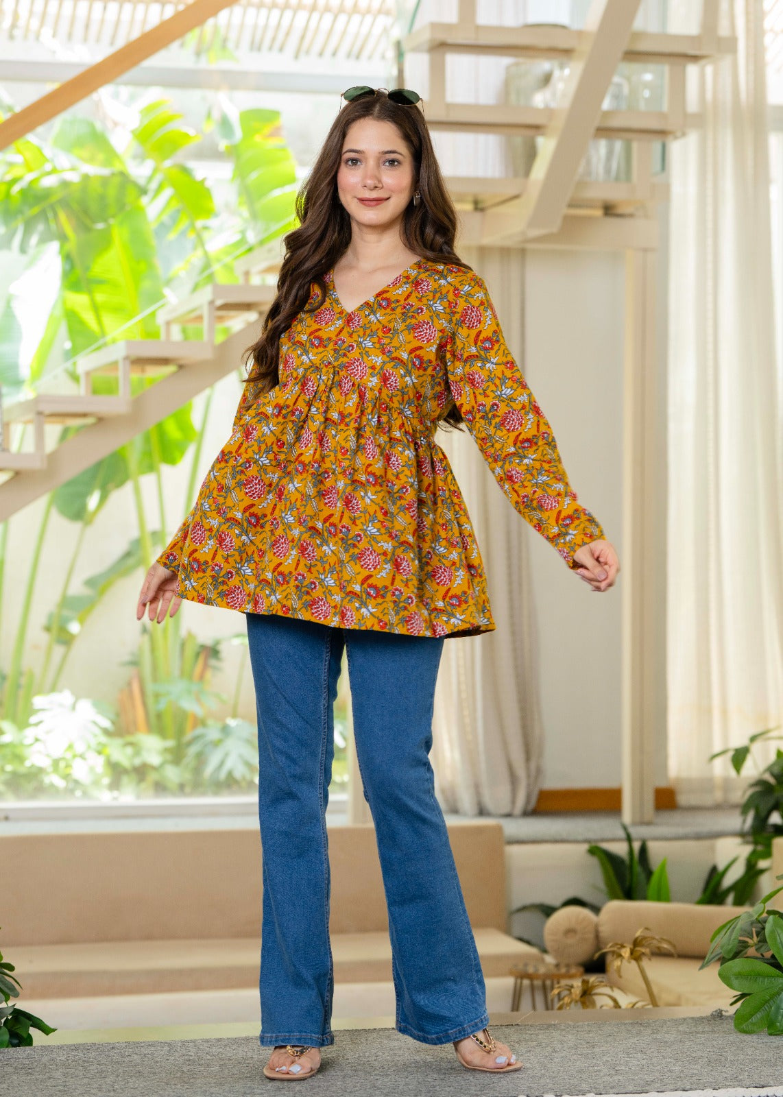 Mustard Yellow Floral Flare Cotton Top