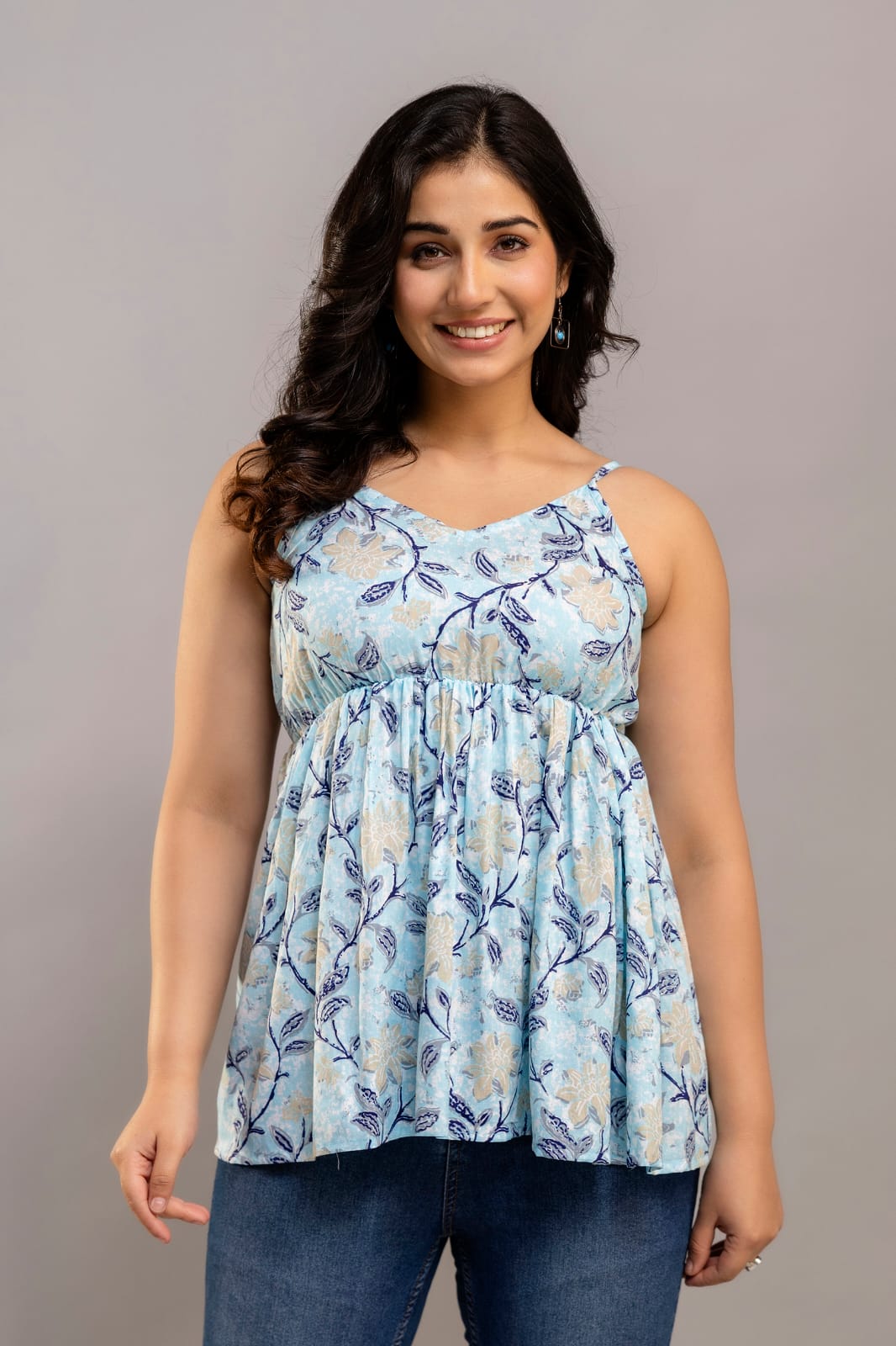 Ice Blue Casual Floral Flare Cotton Top