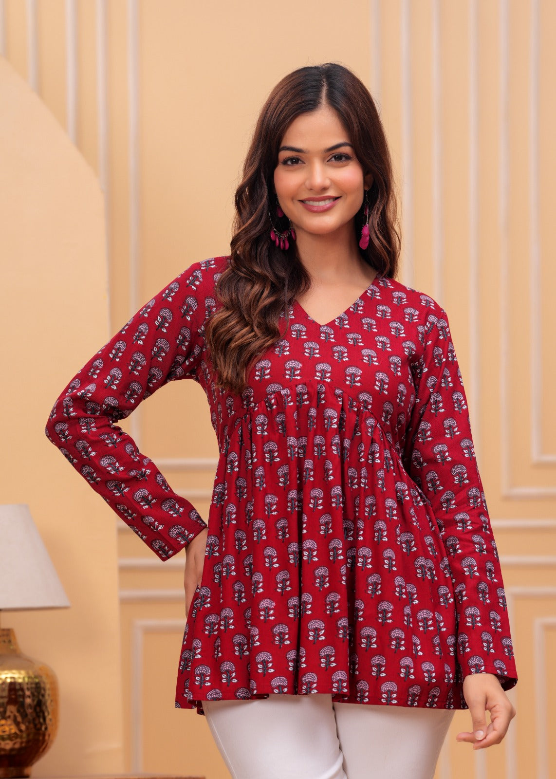 Maroon Floral Flare Cotton Top