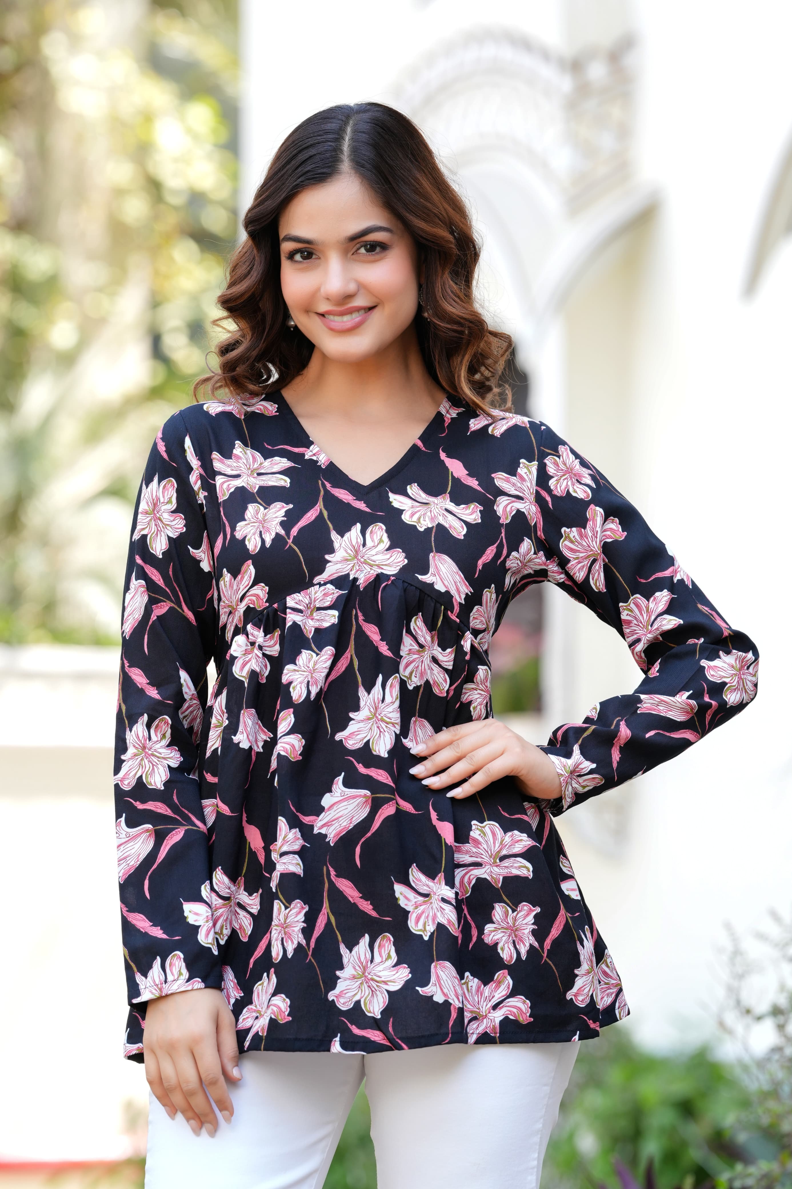 Black Floral Flare Cotton Top
