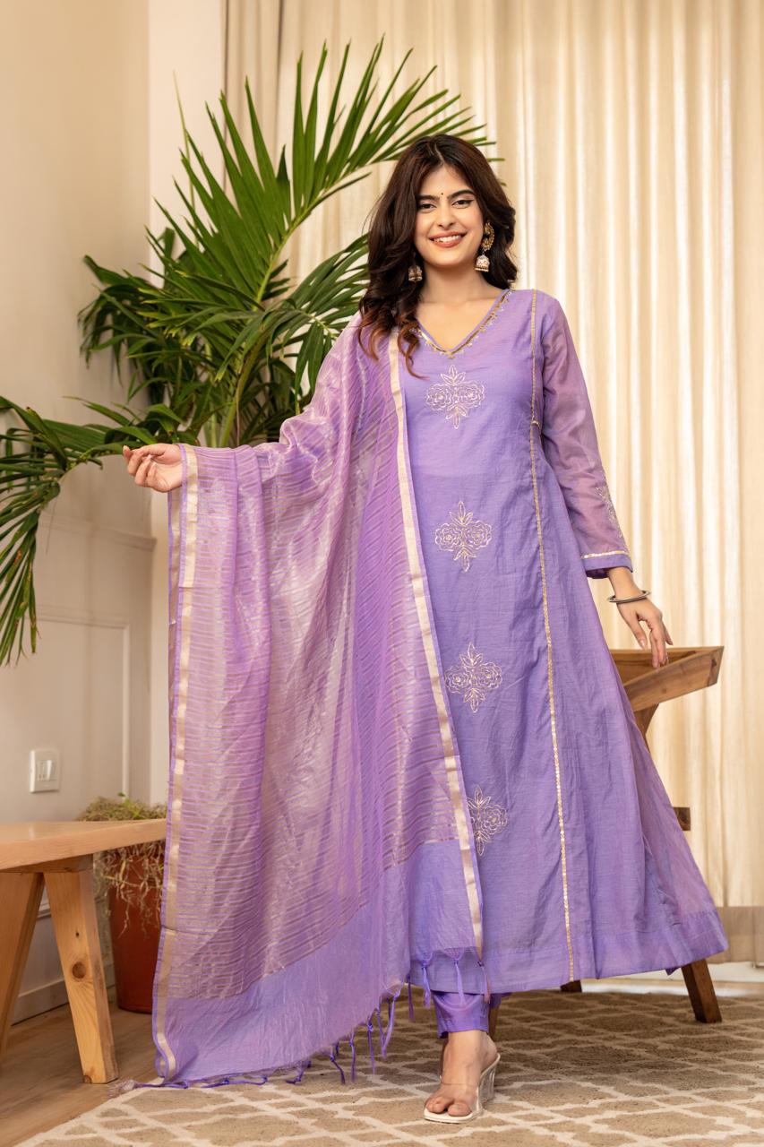 Lavender Mul Chanderi Embroidered Suit Set