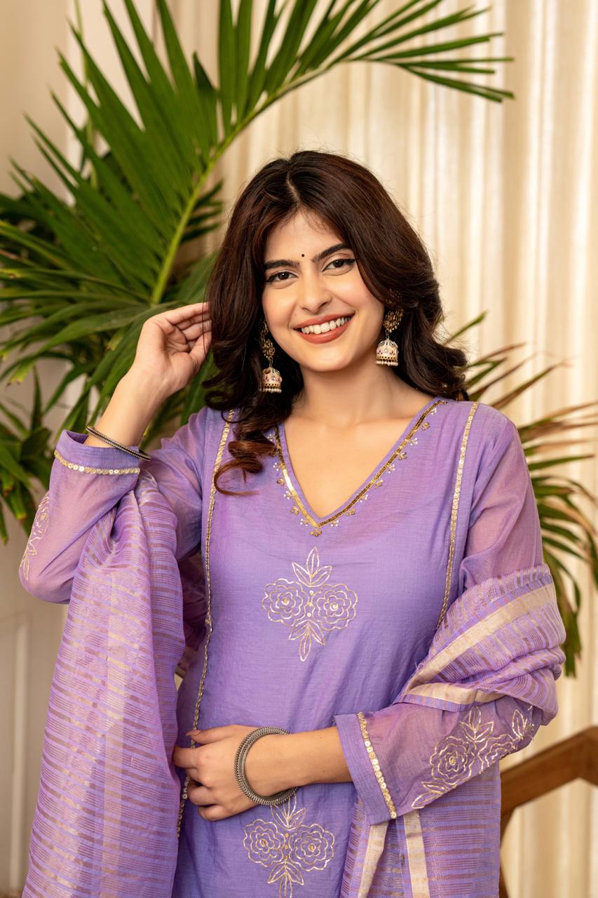 Lavender Mul Chanderi Embroidered Suit Set