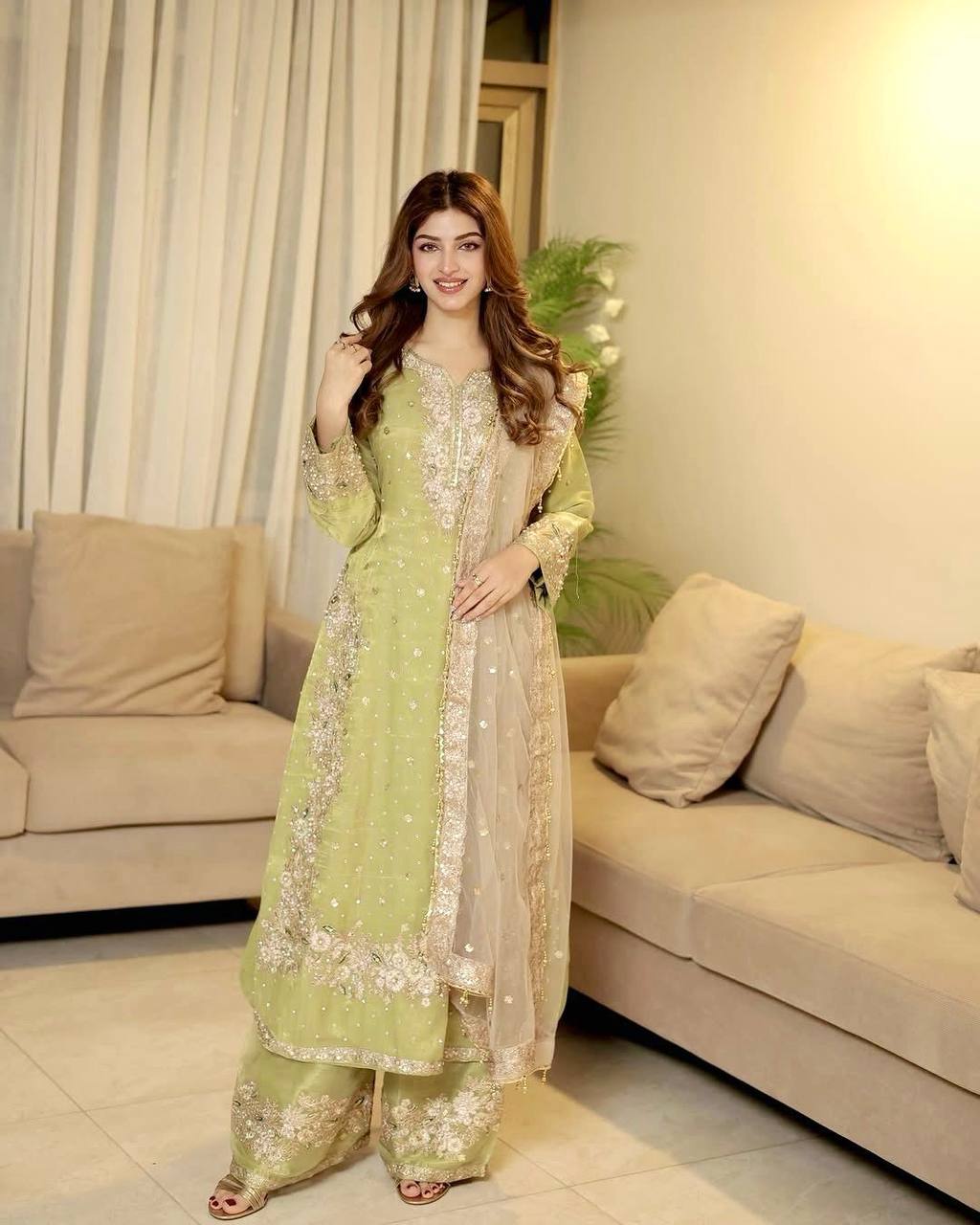 Pastel Green Designer Jimmy Choo Embroidered Palaza Set