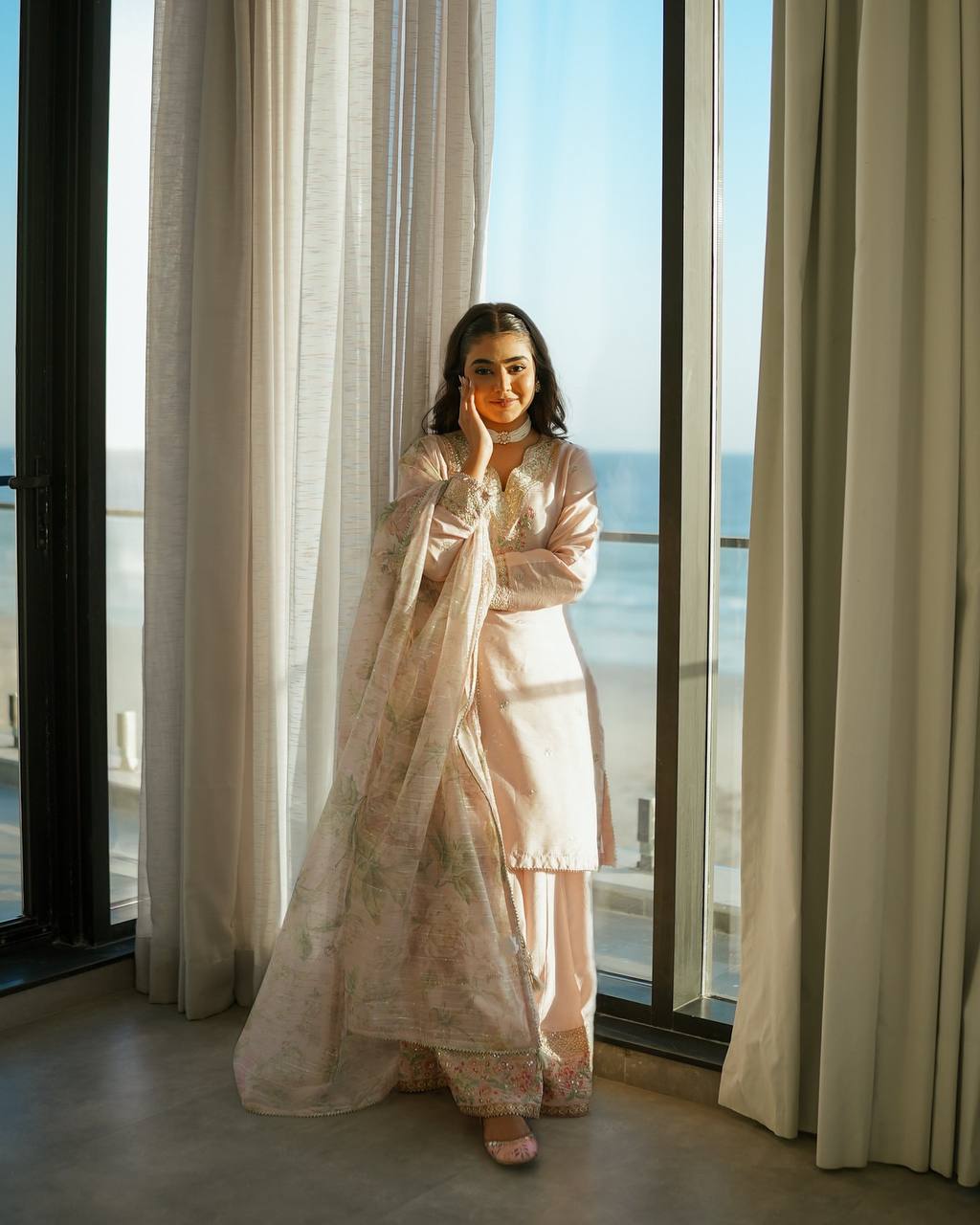 Blush Elegance Designer Crepe Palazzo Set