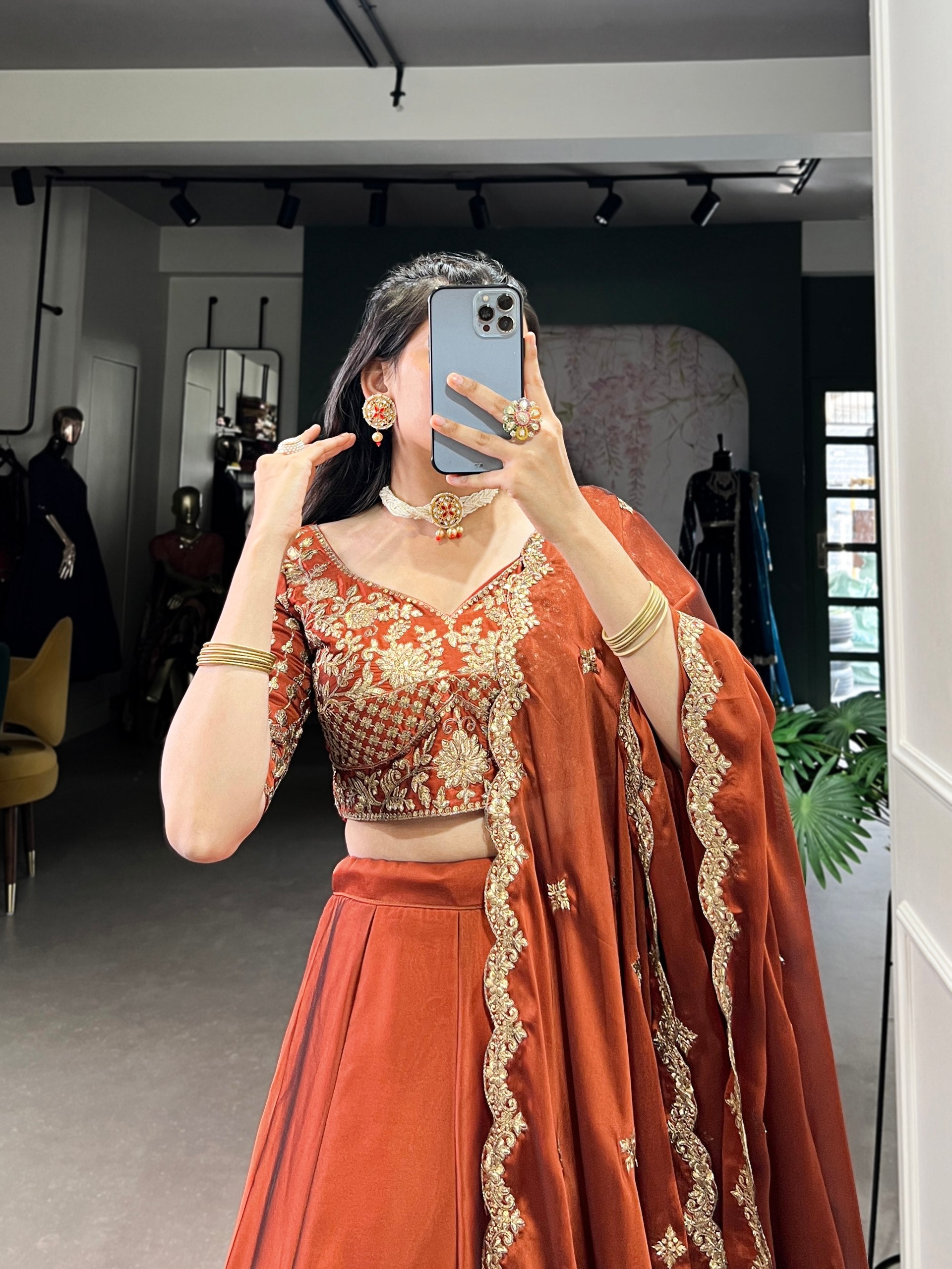 RUST ORANGE FLORAL LEHENGA