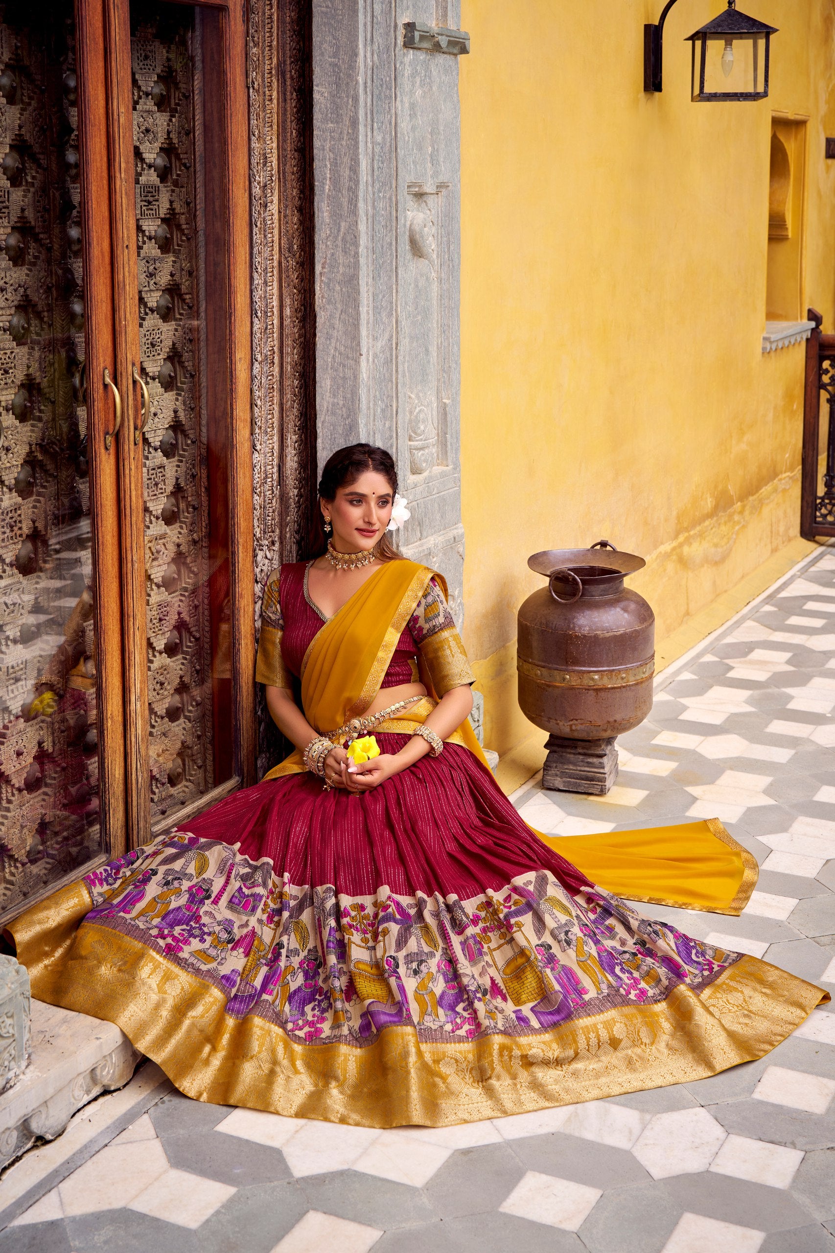 POLY CHANDERI LEHENGA WITH KALAMKARI PRINTS