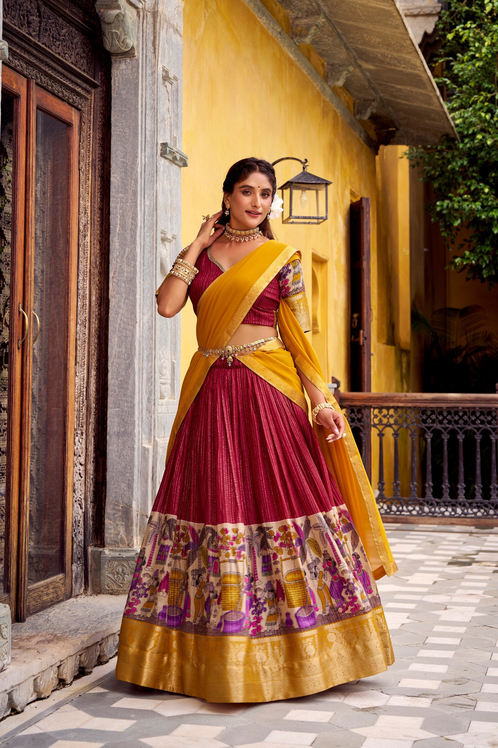 POLY CHANDERI LEHENGA WITH KALAMKARI PRINTS