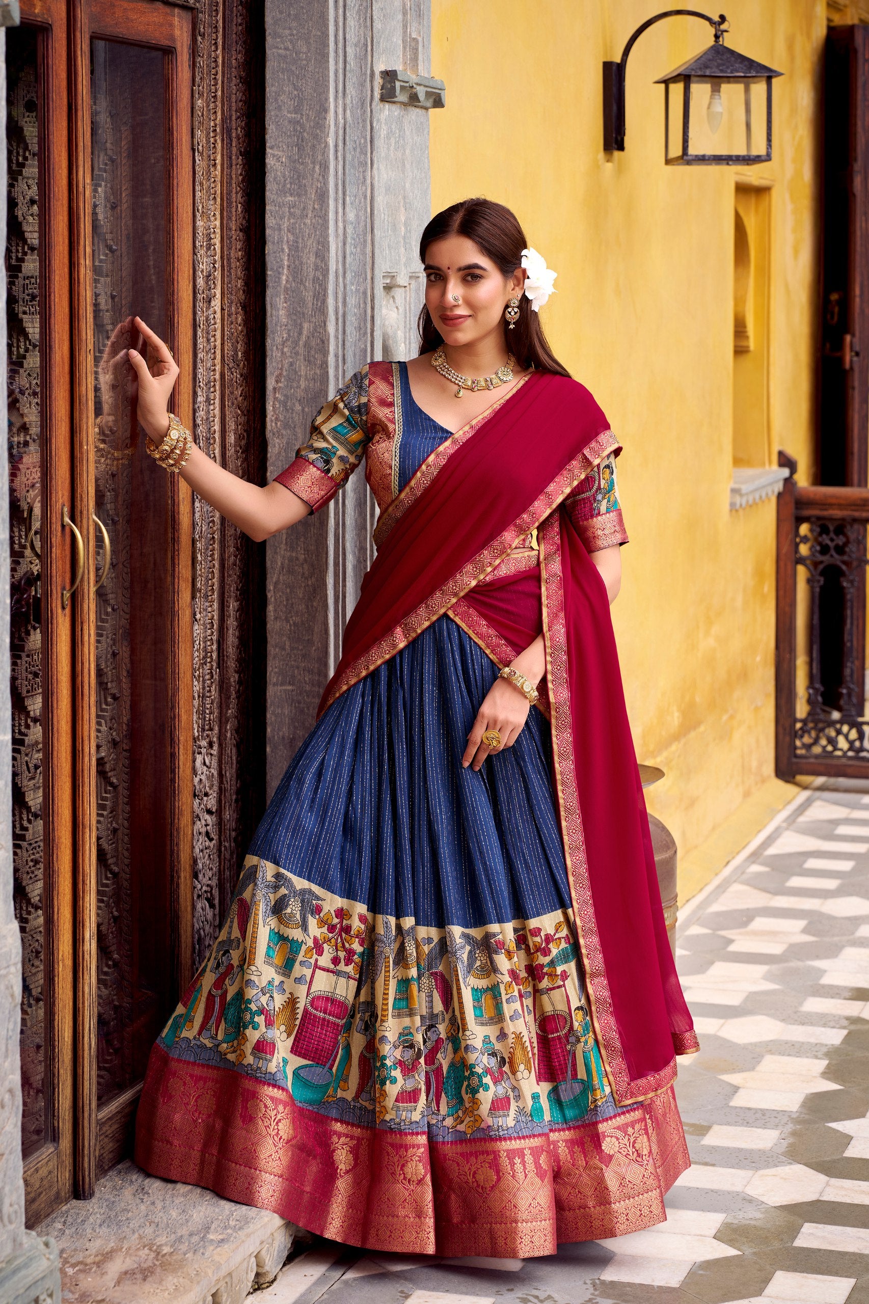 POLY CHANDERI LEHENGA WITH KALAMKARI PRINTS