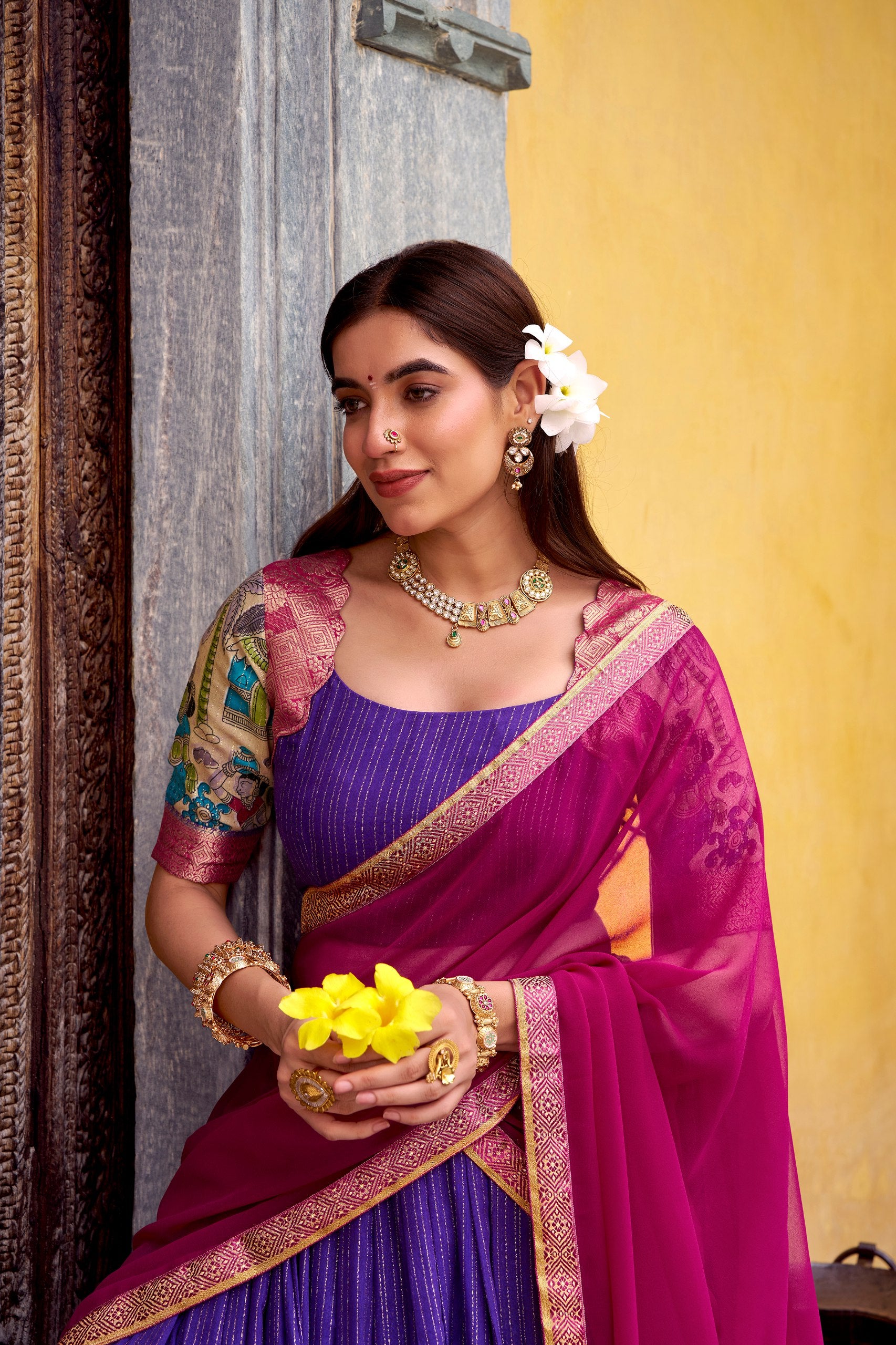 POLY CHANDERI LEHENGA WITH KALAMKARI PRINTS