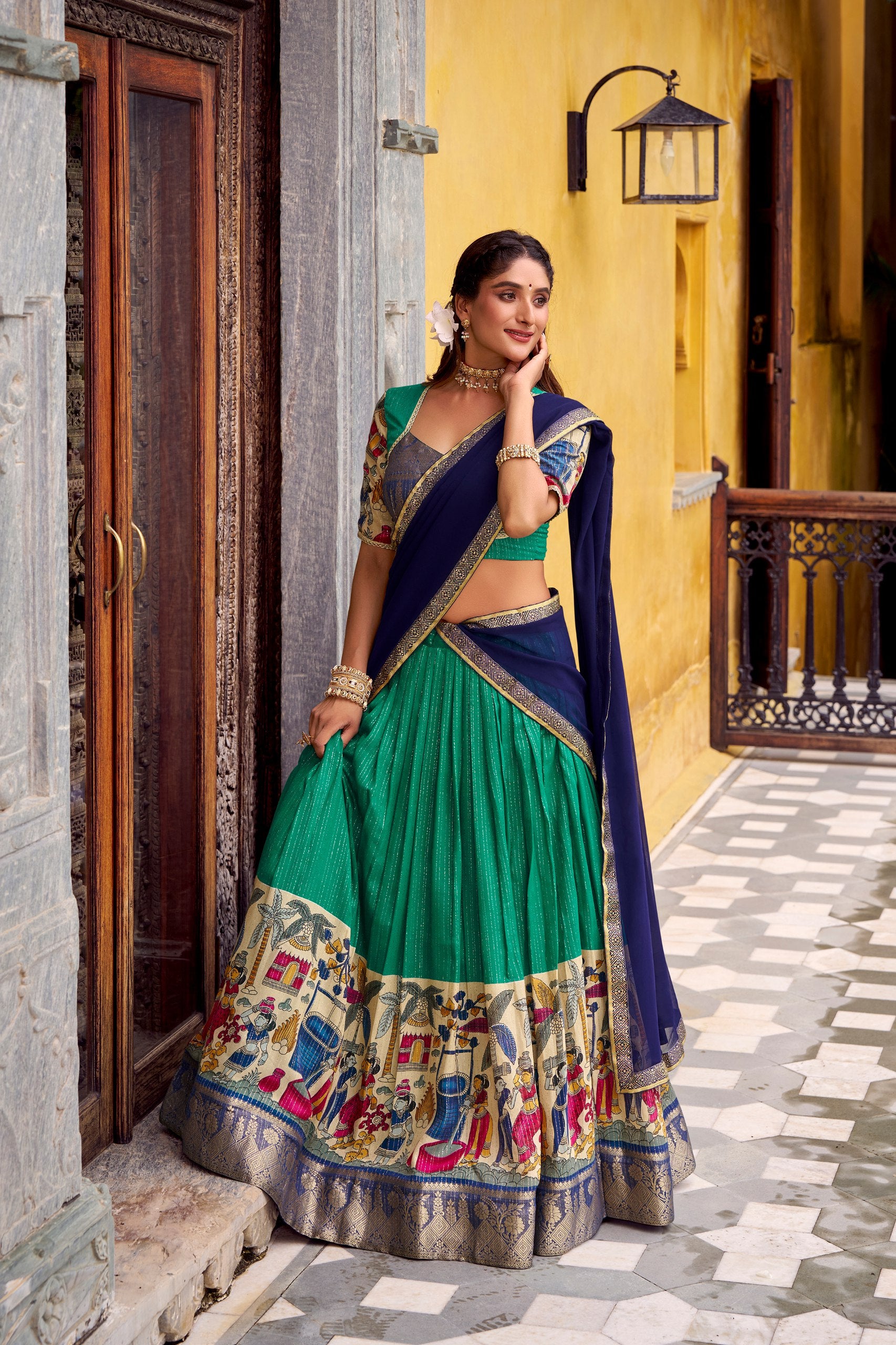 POLY CHANDERI LEHENGA WITH KALAMKARI PRINTS