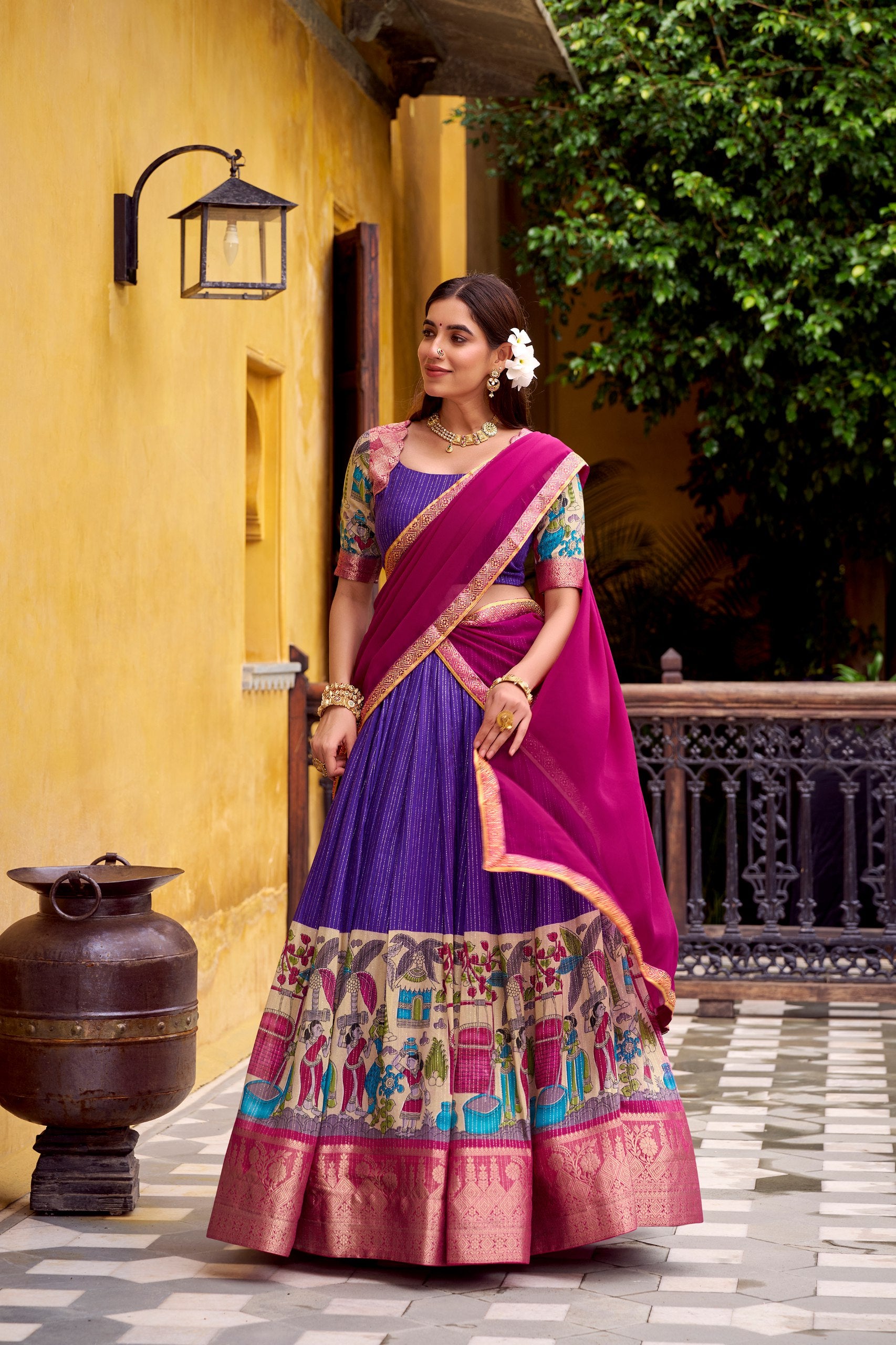 POLY CHANDERI LEHENGA WITH KALAMKARI PRINTS