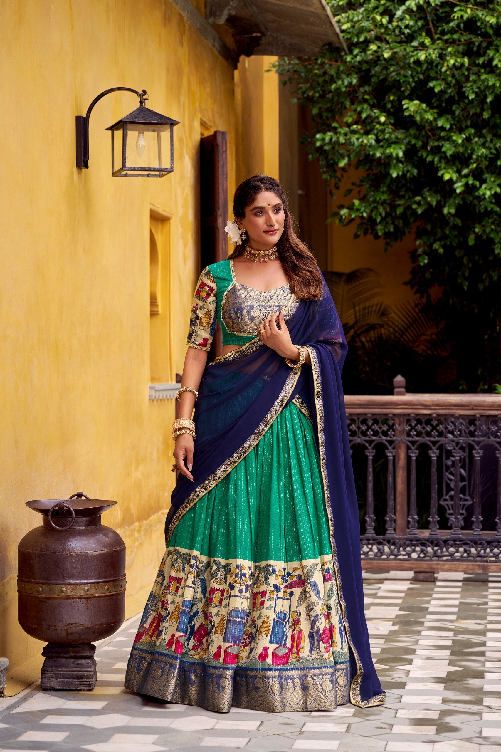 POLY CHANDERI LEHENGA WITH KALAMKARI PRINTS