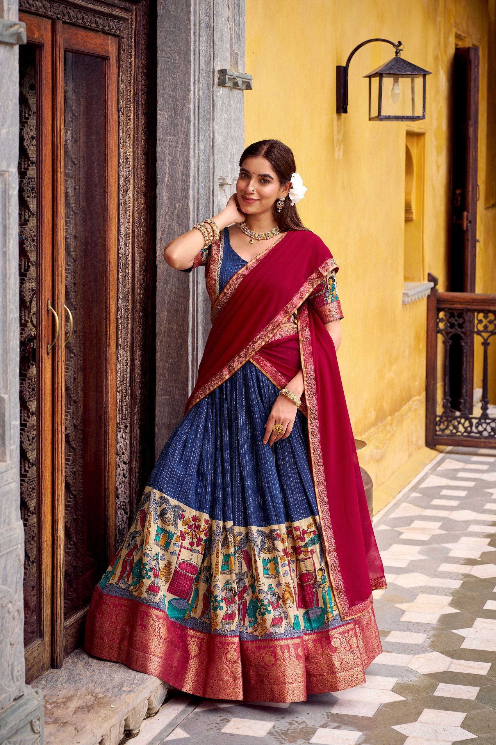 POLY CHANDERI LEHENGA WITH KALAMKARI PRINTS