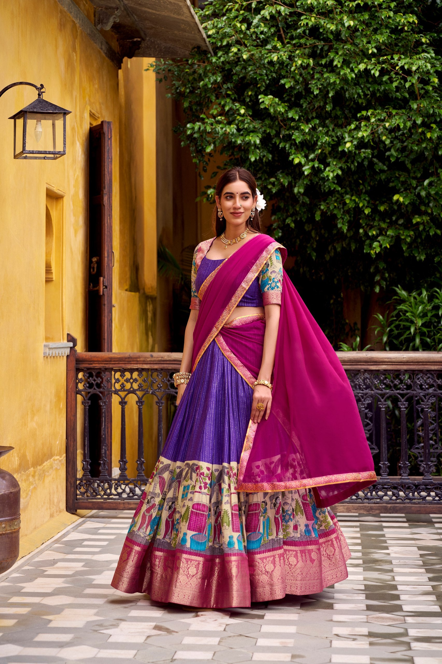 POLY CHANDERI LEHENGA WITH KALAMKARI PRINTS