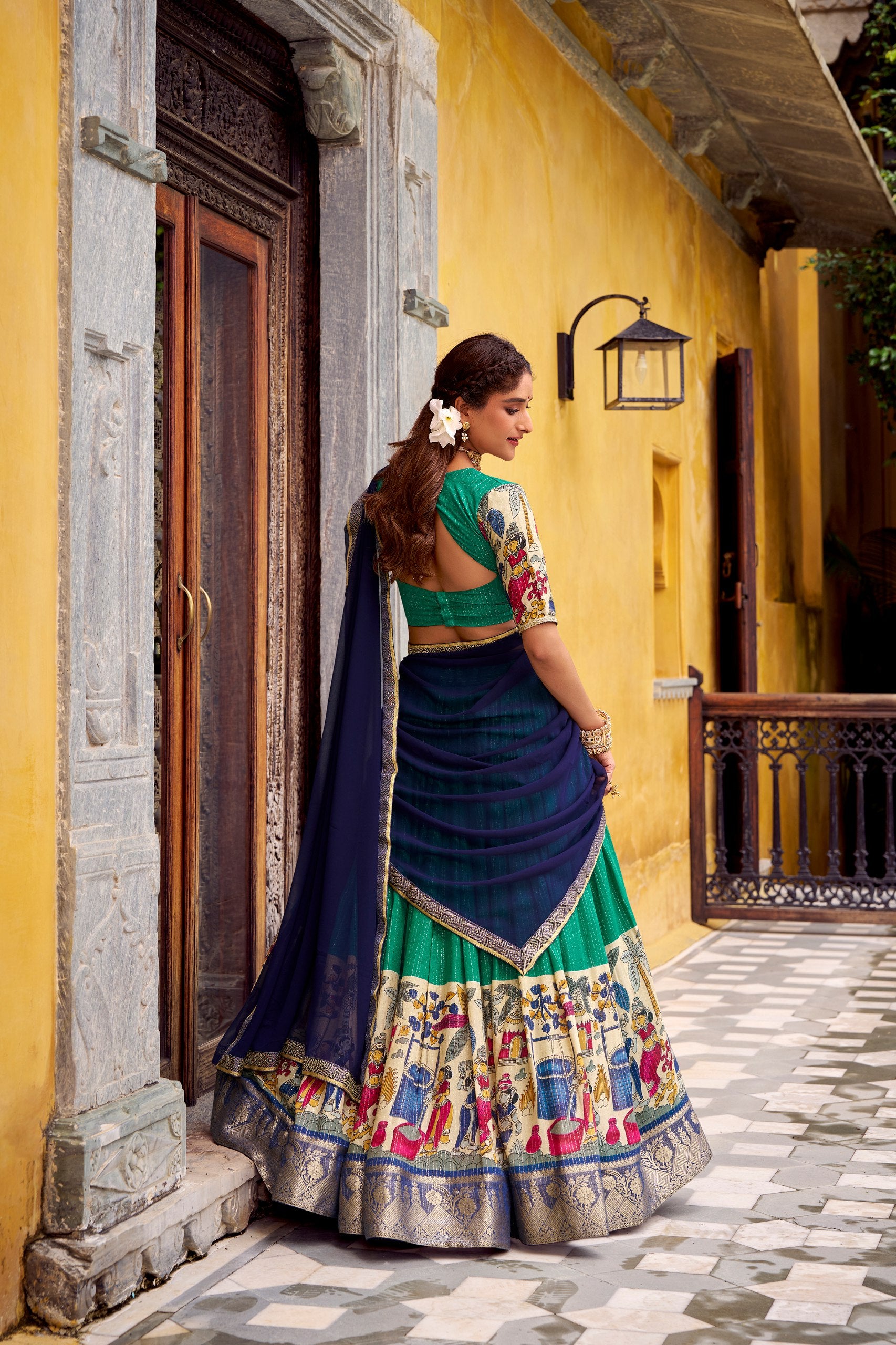 POLY CHANDERI LEHENGA WITH KALAMKARI PRINTS