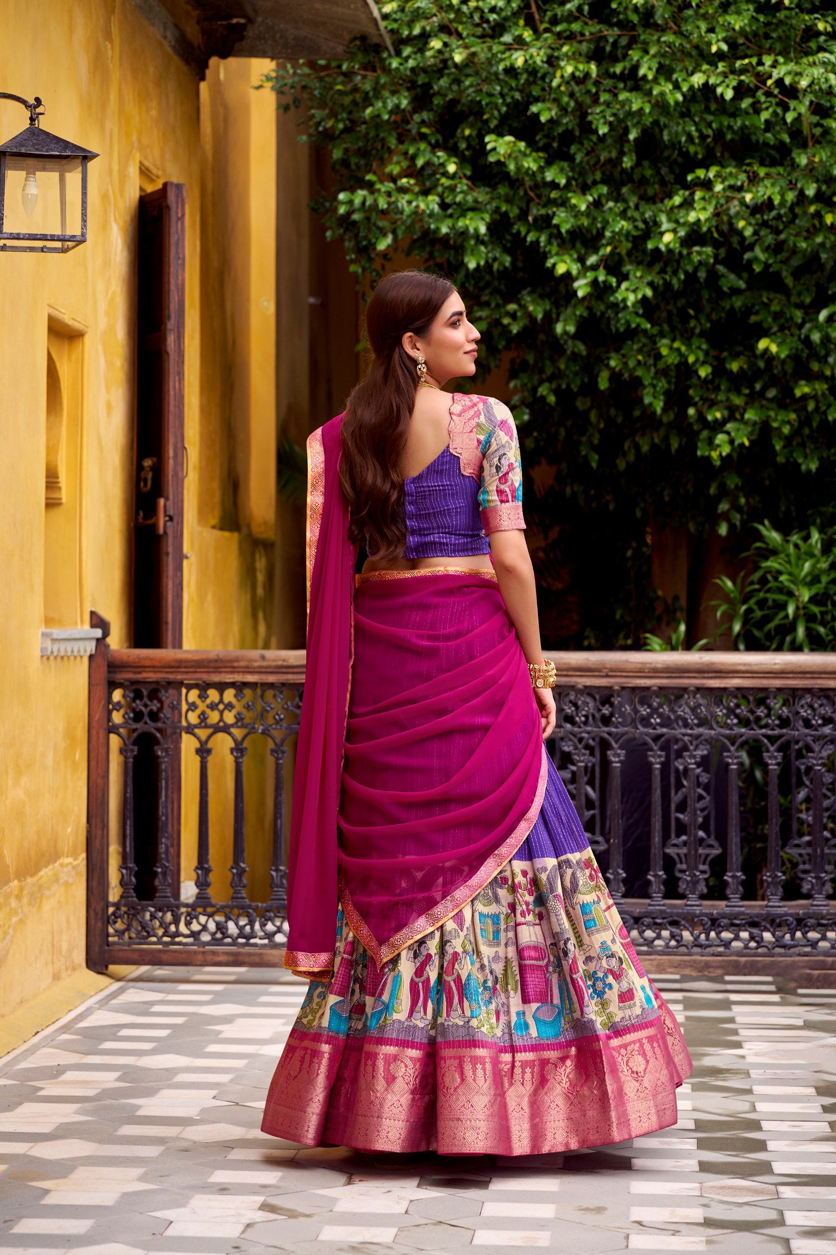 POLY CHANDERI LEHENGA WITH KALAMKARI PRINTS
