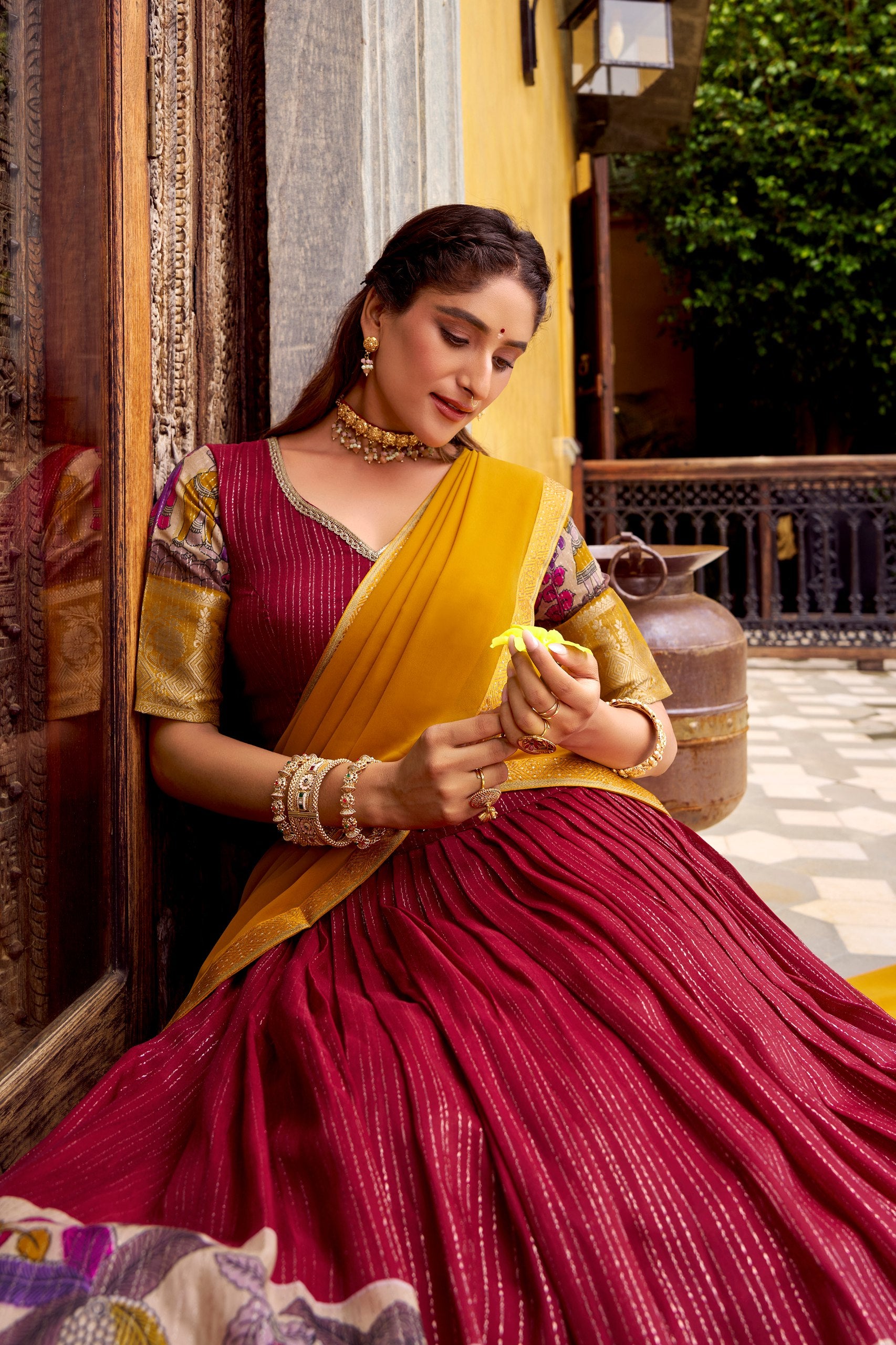 POLY CHANDERI LEHENGA WITH KALAMKARI PRINTS