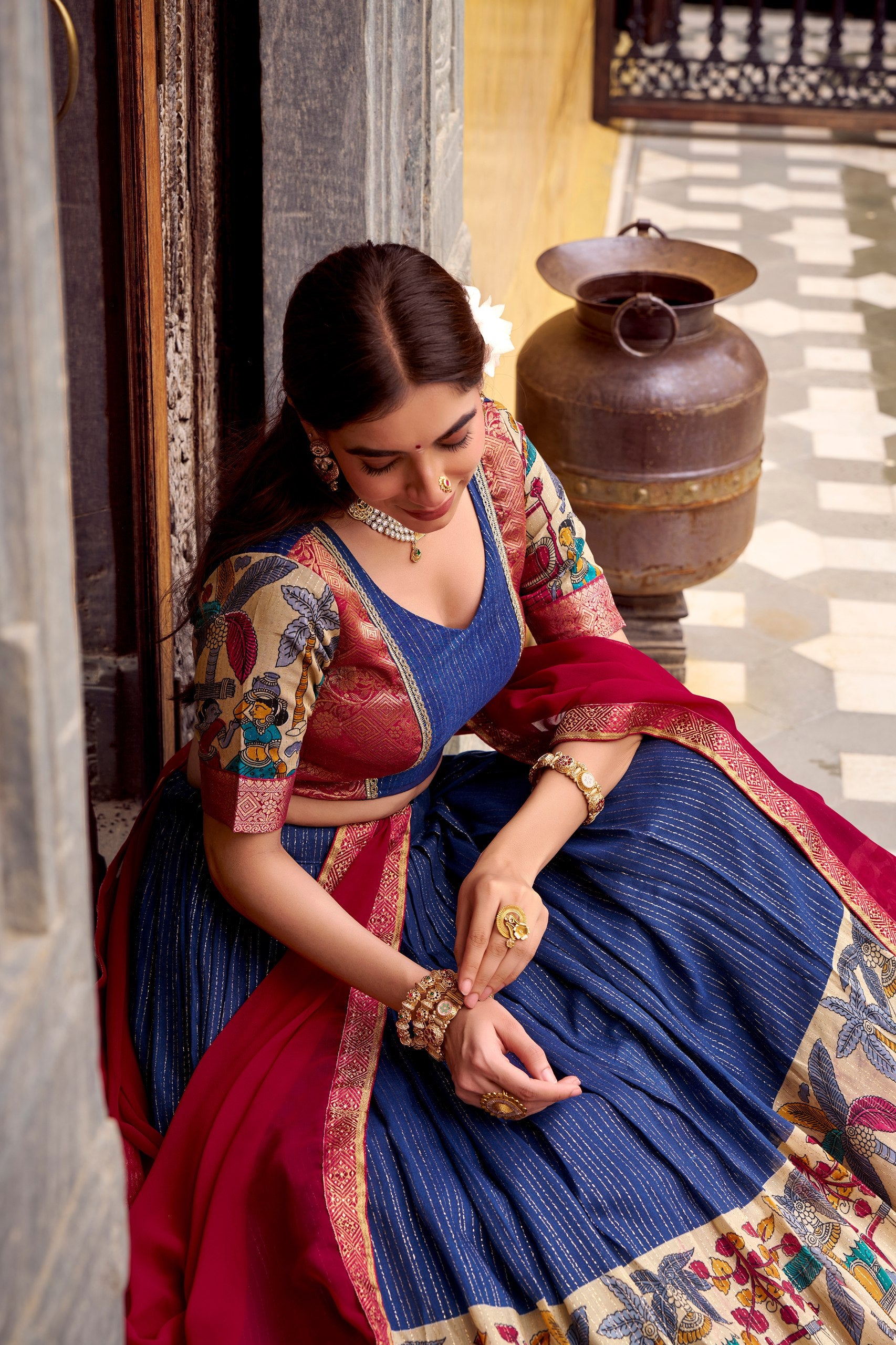 POLY CHANDERI LEHENGA WITH KALAMKARI PRINTS
