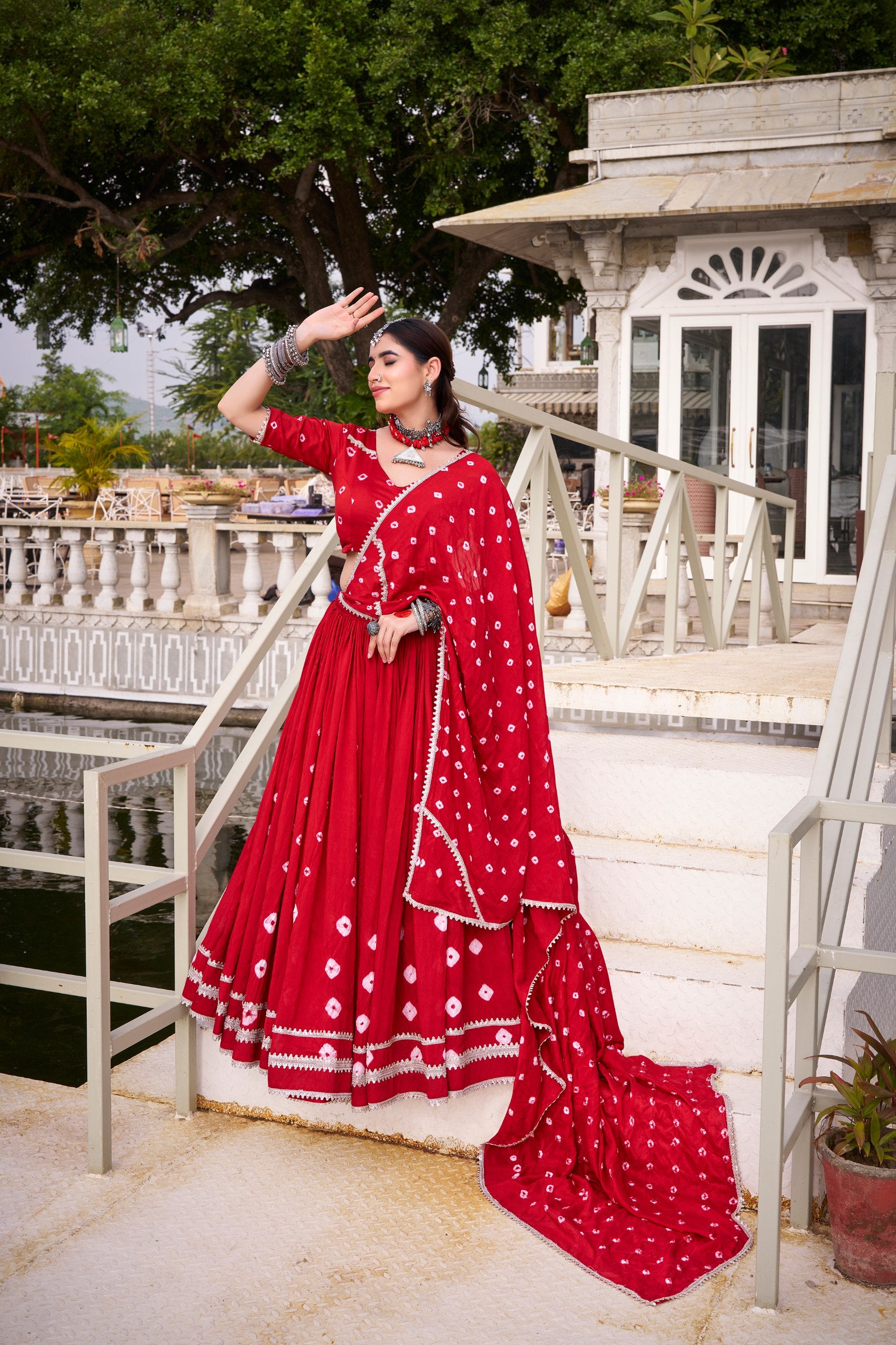 ORANGE BANDHANI PRINT PURE CHANDERI FABRIC NAVRATRI LEHENGA