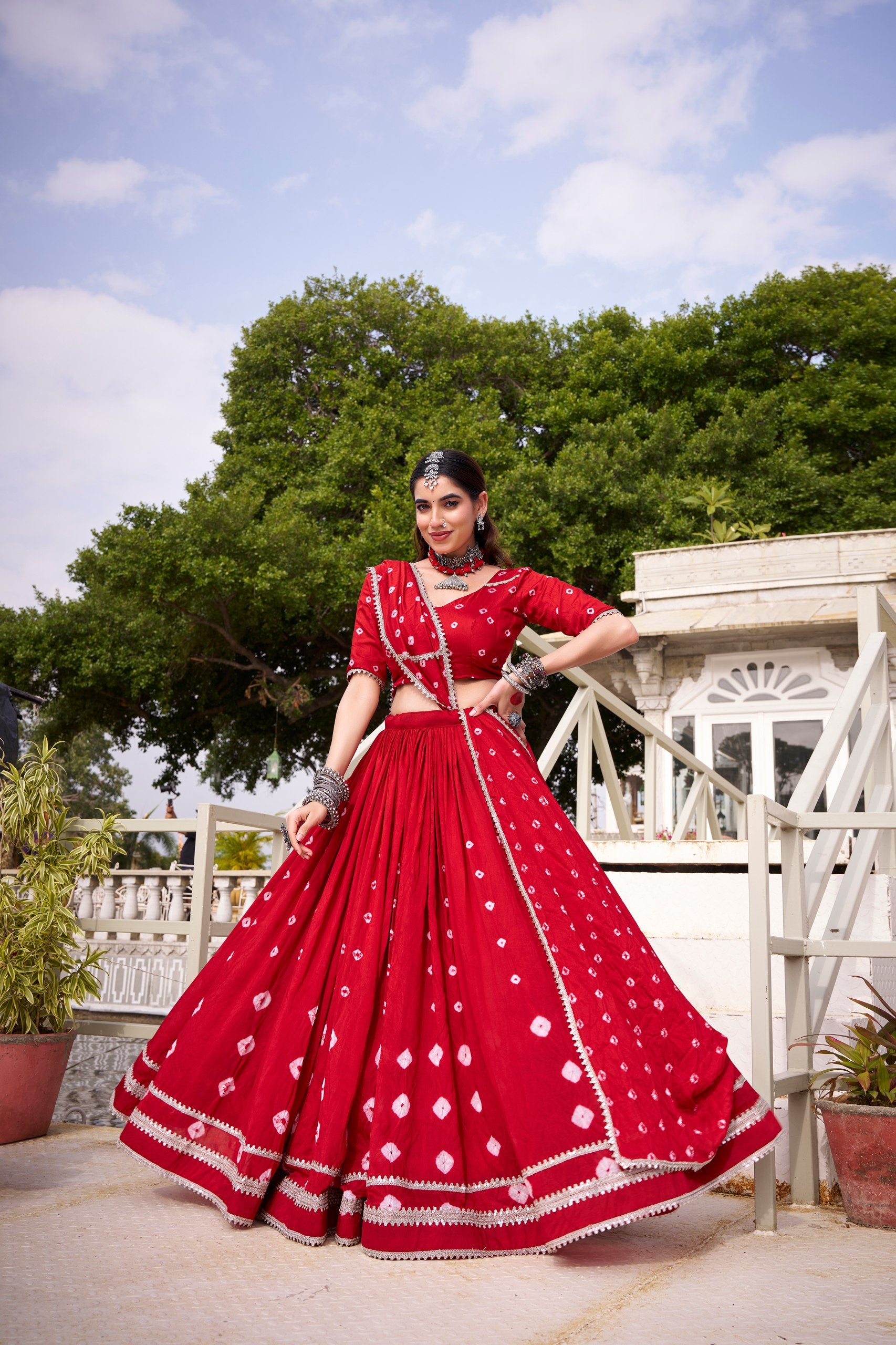 ORANGE BANDHANI PRINT PURE CHANDERI FABRIC NAVRATRI LEHENGA