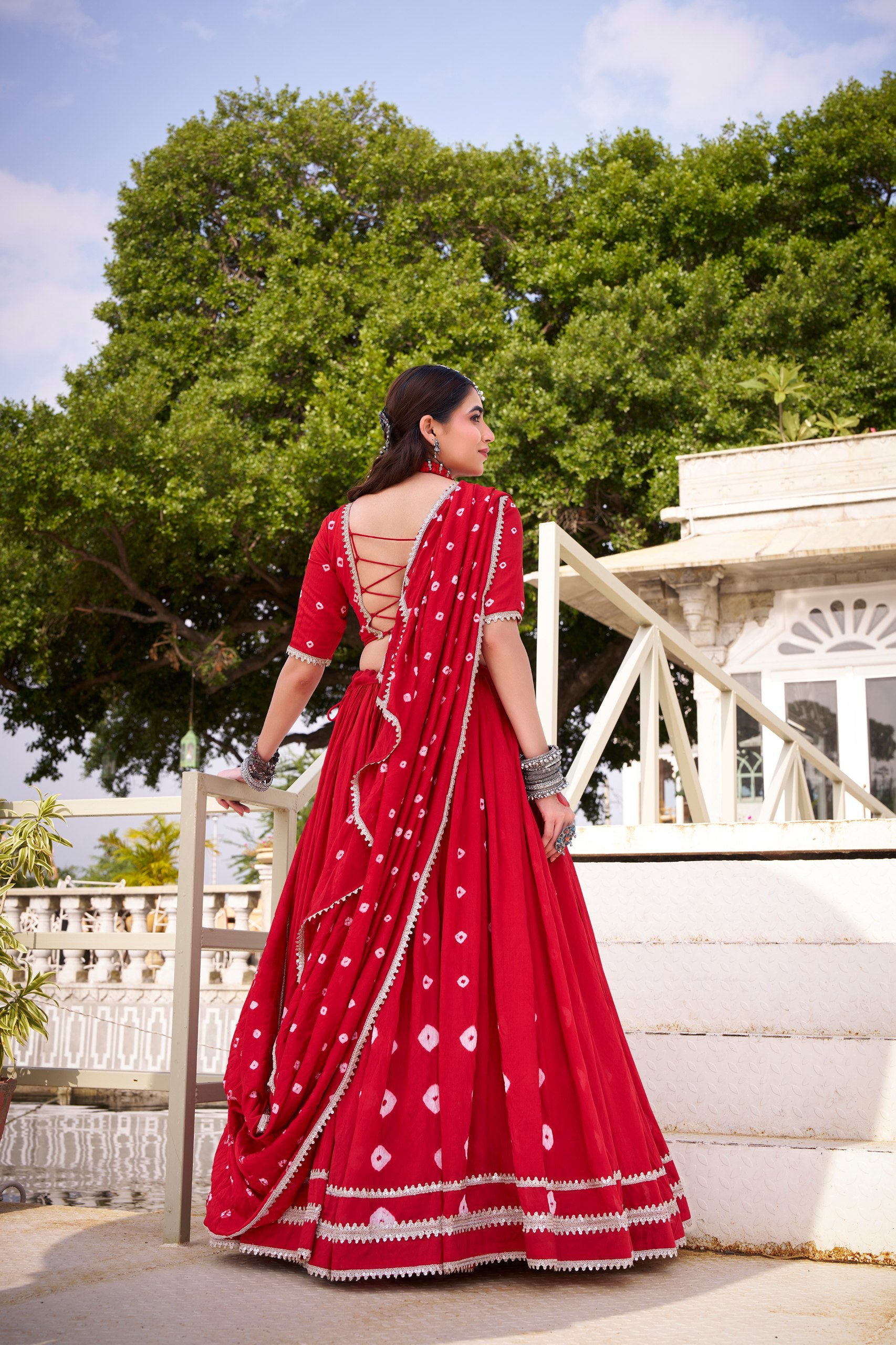 ORANGE BANDHANI PRINT PURE CHANDERI FABRIC NAVRATRI LEHENGA